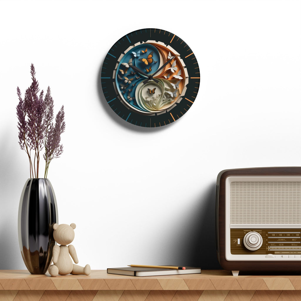 Origami Style Yin Yang Butterfly Acrylic Art Print Wall Clock Teal Orange — NOT Real Origami, Zen Home Decor