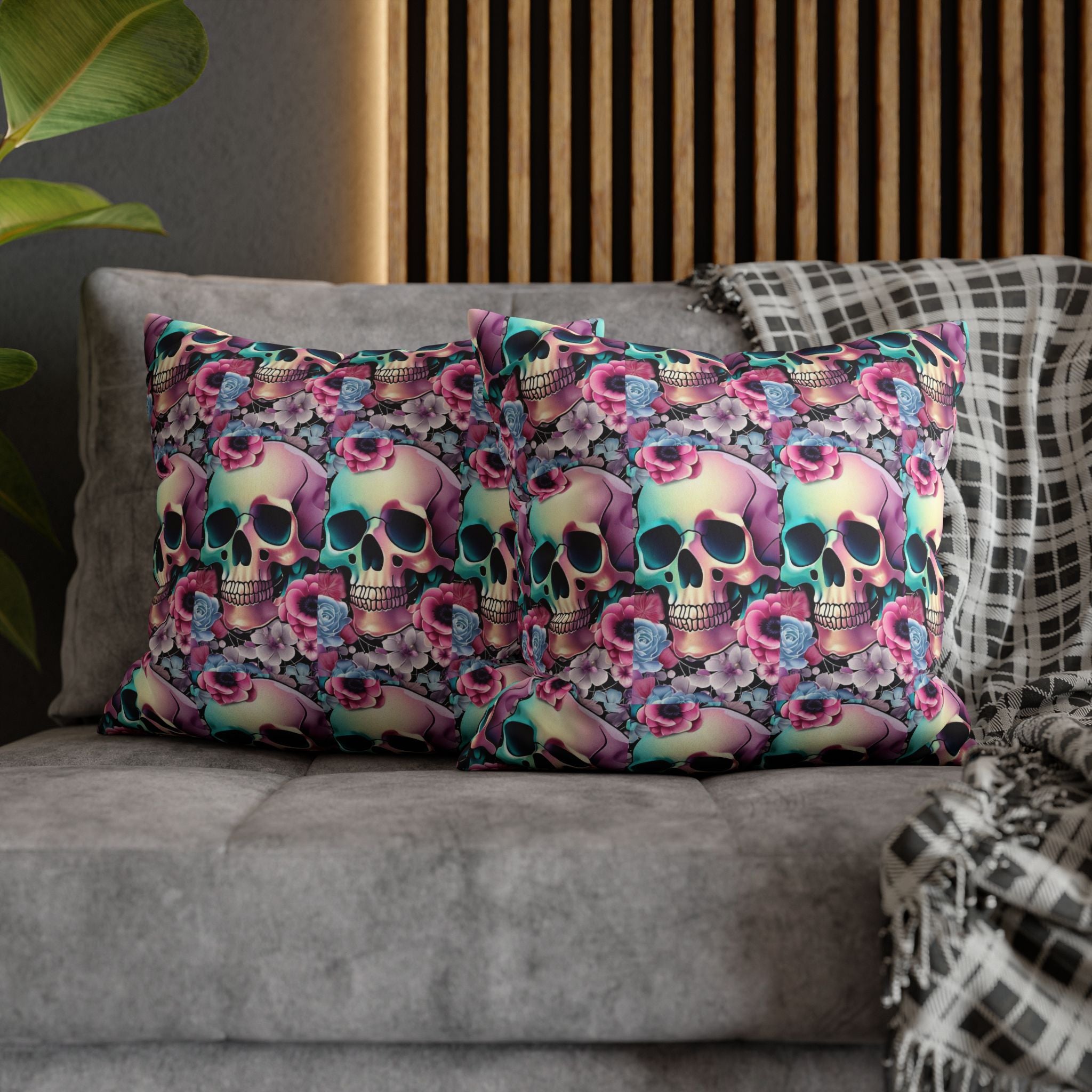Pastel Goth Floral Skull Throw Pillow — Dark Floral Emo Home Decor