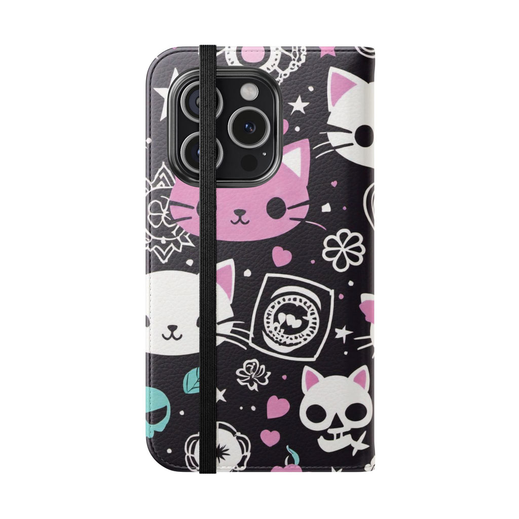 Pastel Goth Cat Flip Wallet Phone Case - Goth Cat Wallet Case for Samsung iPhone - Gothic Style Cats Wallet Phone Cases