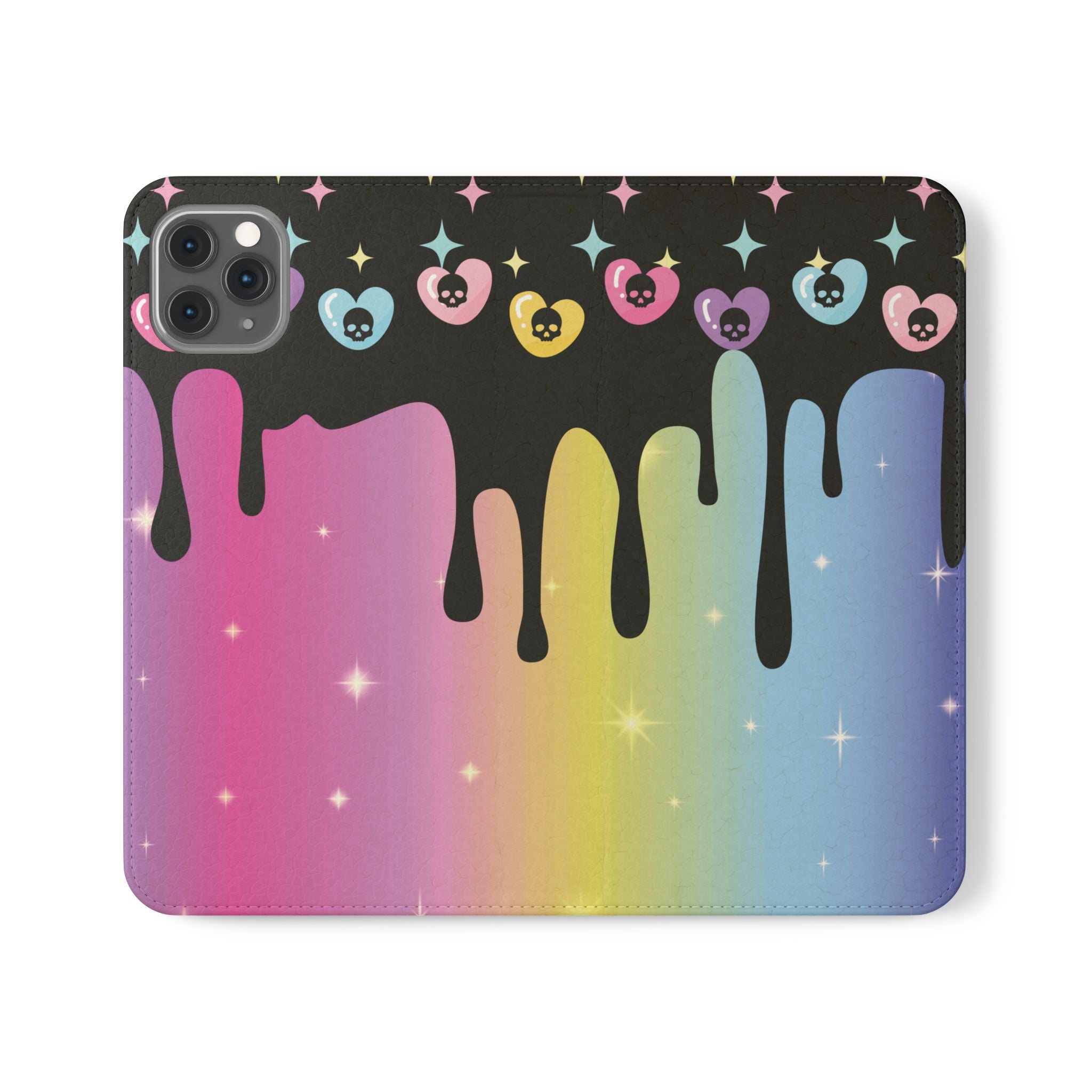 Pastel Goth Drippy Rainbow Skulls Flip Wallet Phone Case - Wallet Case for Samsung and iPhone - Gothic Style Wallet Phone Cases