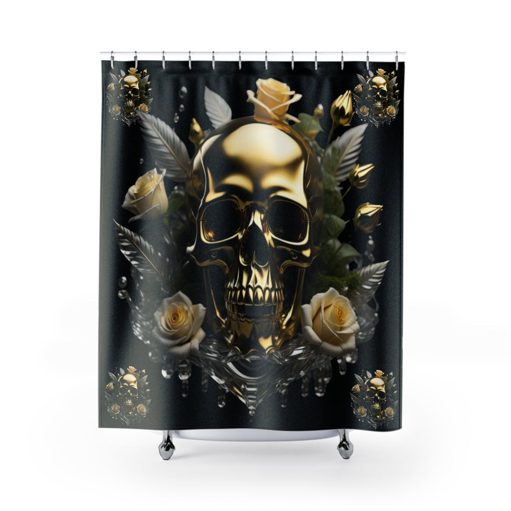Gothic Gold Skull Crystal Rose Shower Curtain — Whimsigoth Bathroom Decor