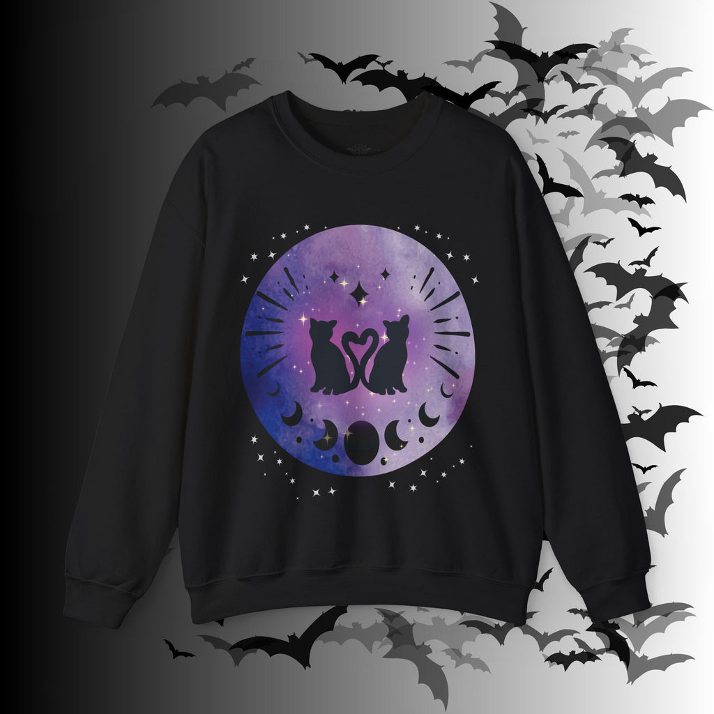 Celestial Twin Cats Heart Moon Crewneck Sweatshirt — Witchy Moon Phase