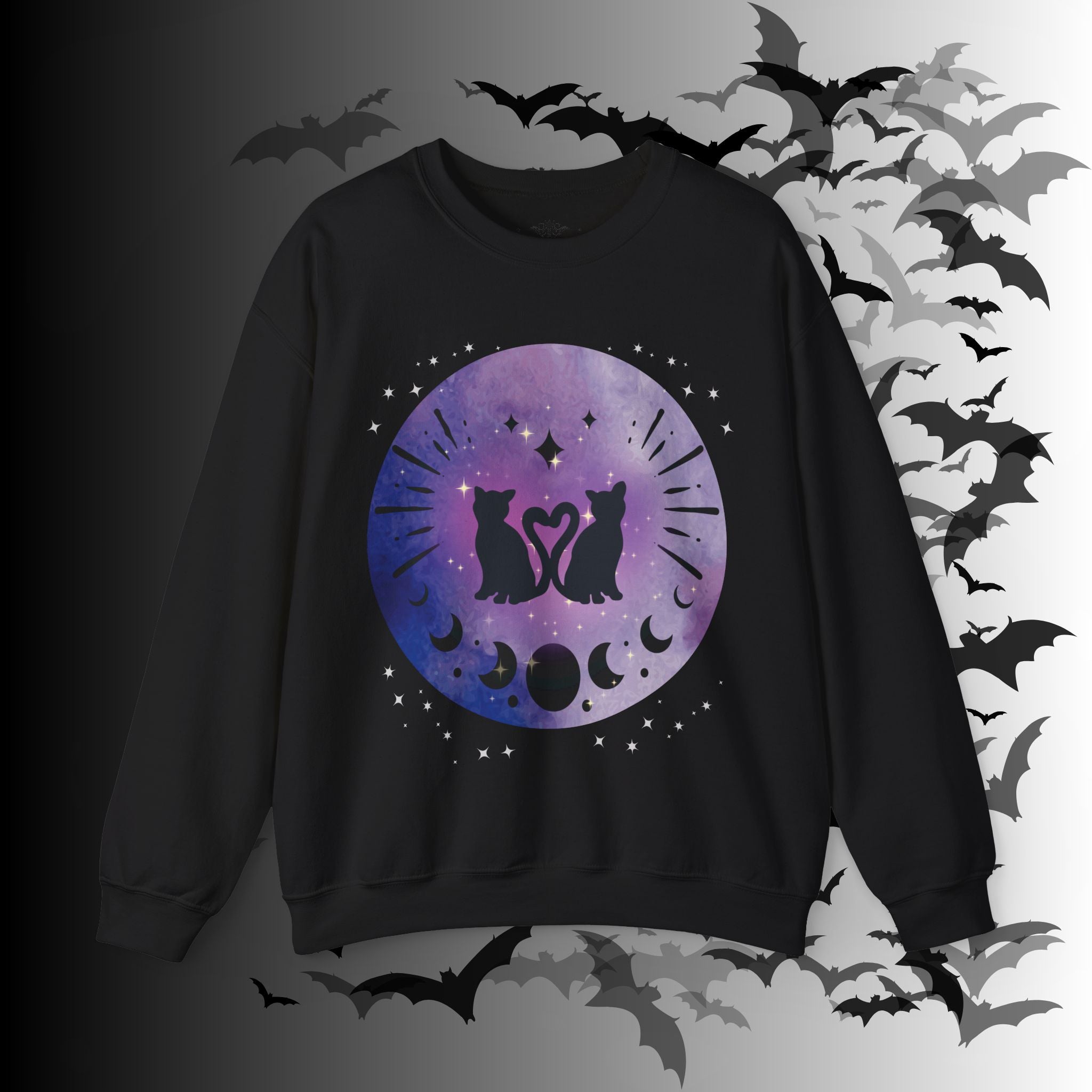 Celestial Twin Cats Heart Moon Crewneck Sweatshirt — Witchy Moon Phase