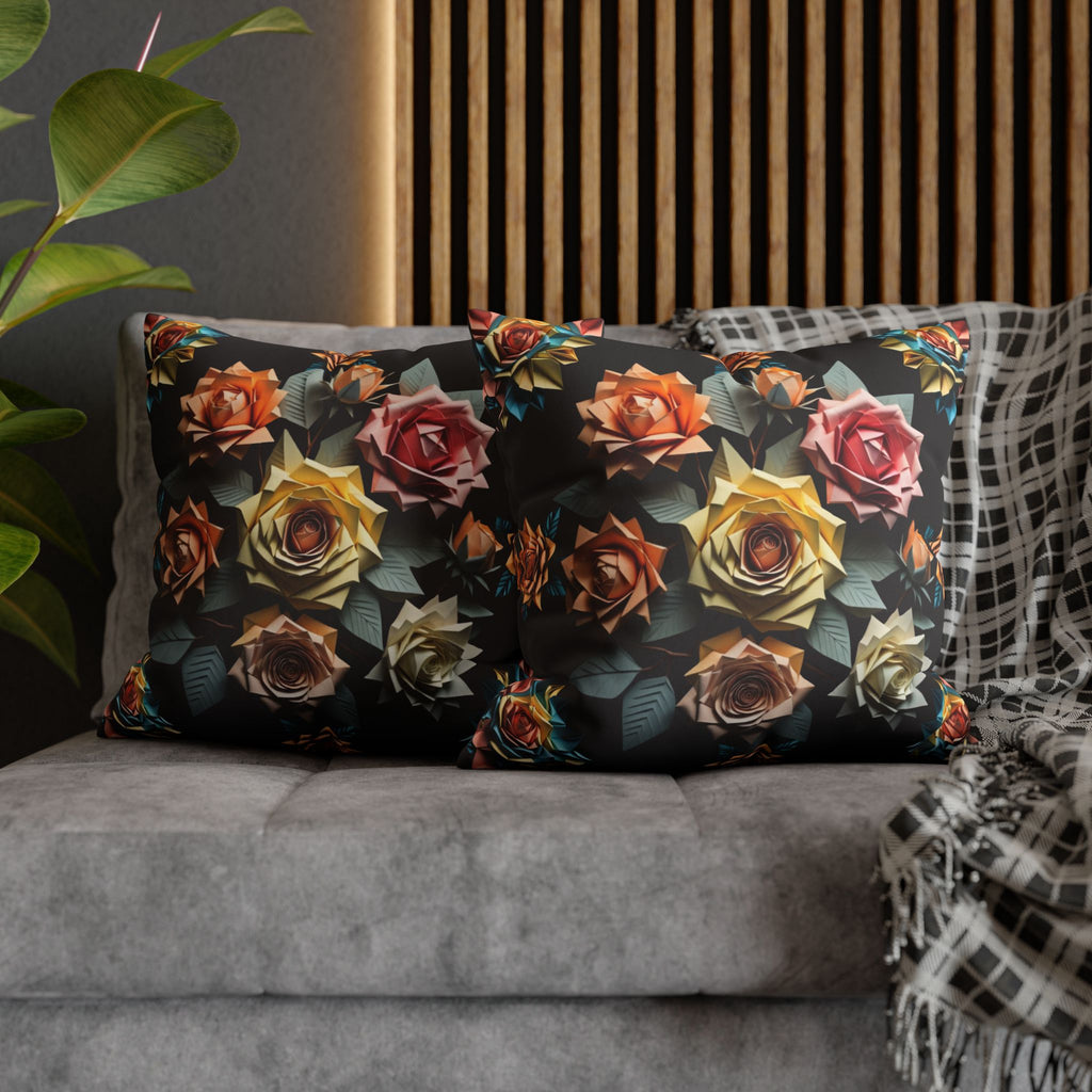 Two square throw pillows on a grey sofa featuring geometric origami-style roses in burnt orange, deep crimson, blush pink, golden yellow, and warm cream scattered across a deep black background with angular teal-edged leaves between them