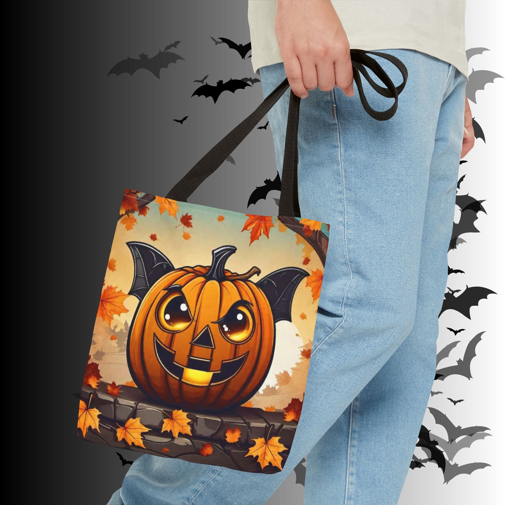 Bat Wing Jack-o'-Lantern Halloween Tote Bag — Autumn Leaves Print