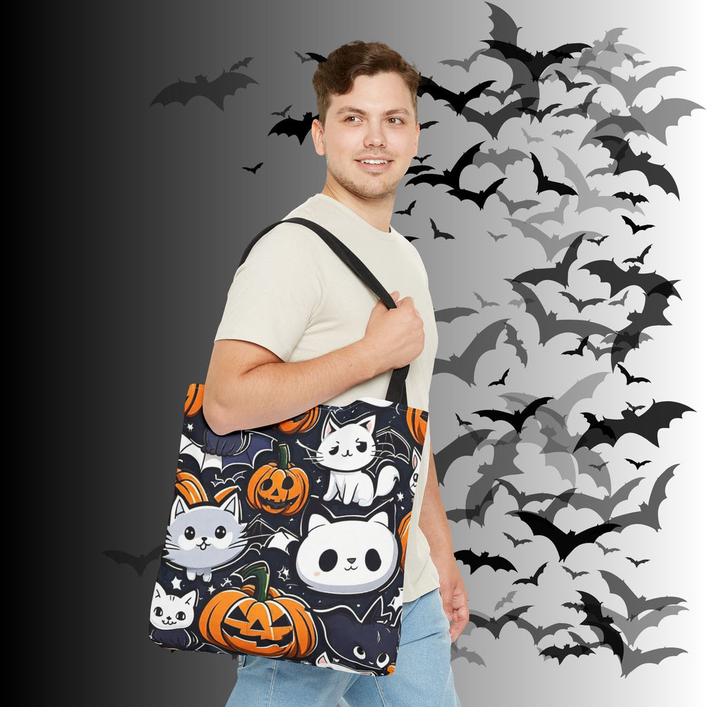 Kawaii Halloween Cat & Pumpkin Tote Bag — Spooky Multi-Cat Pattern