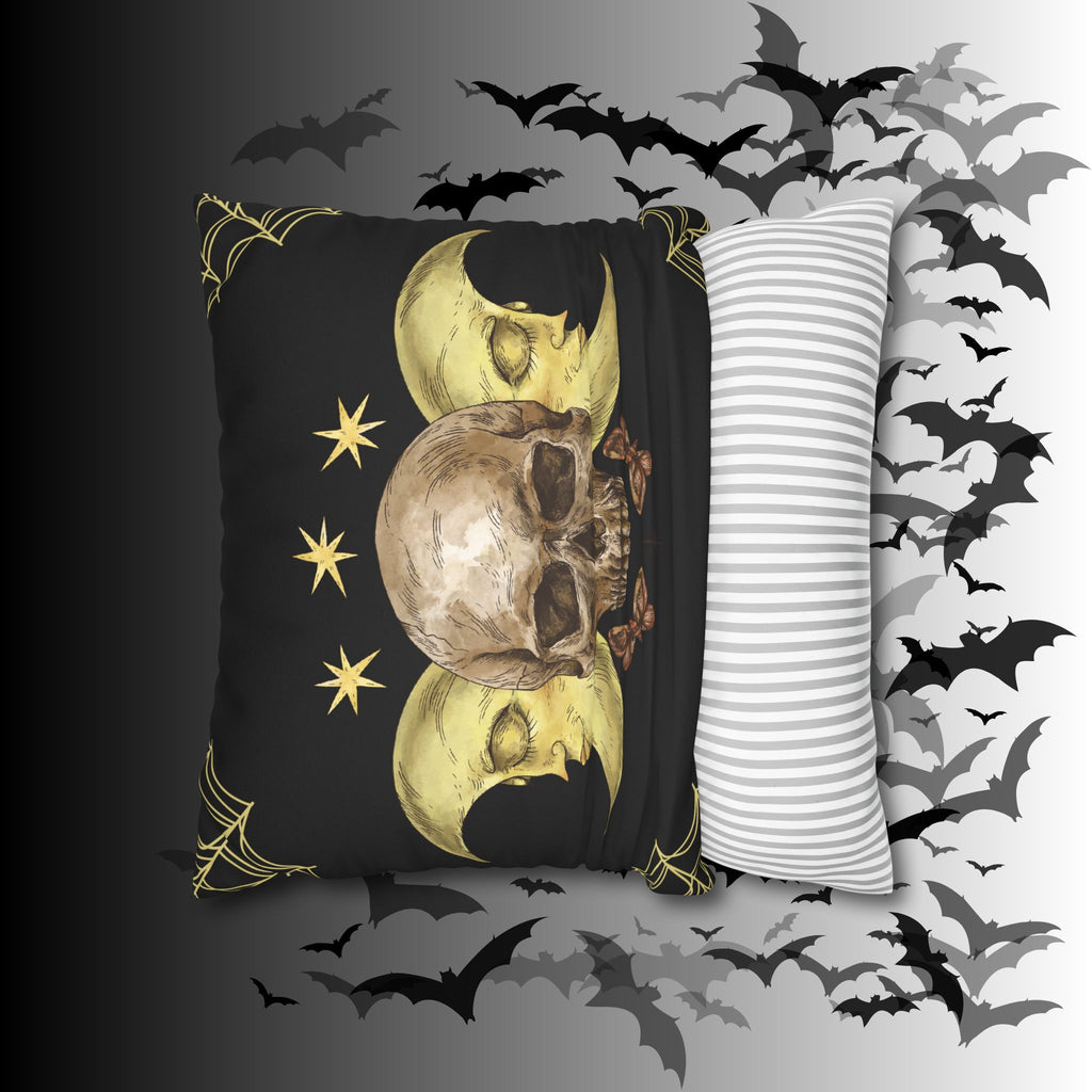 Gothic Moon Skull Throw Pillow — Celestial Dark Home Decor