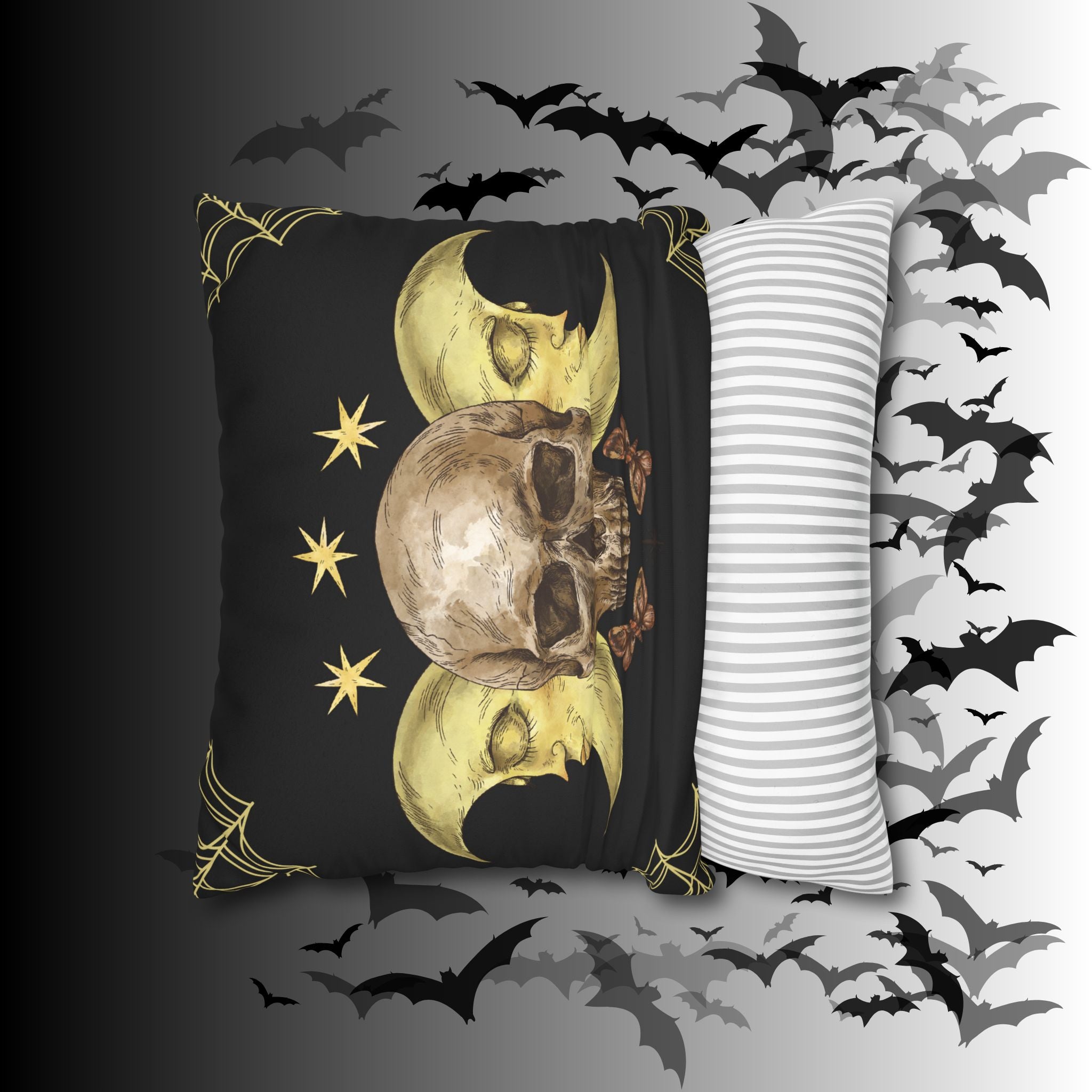 Gothic Moon Skull Throw Pillow — Celestial Dark Home Decor