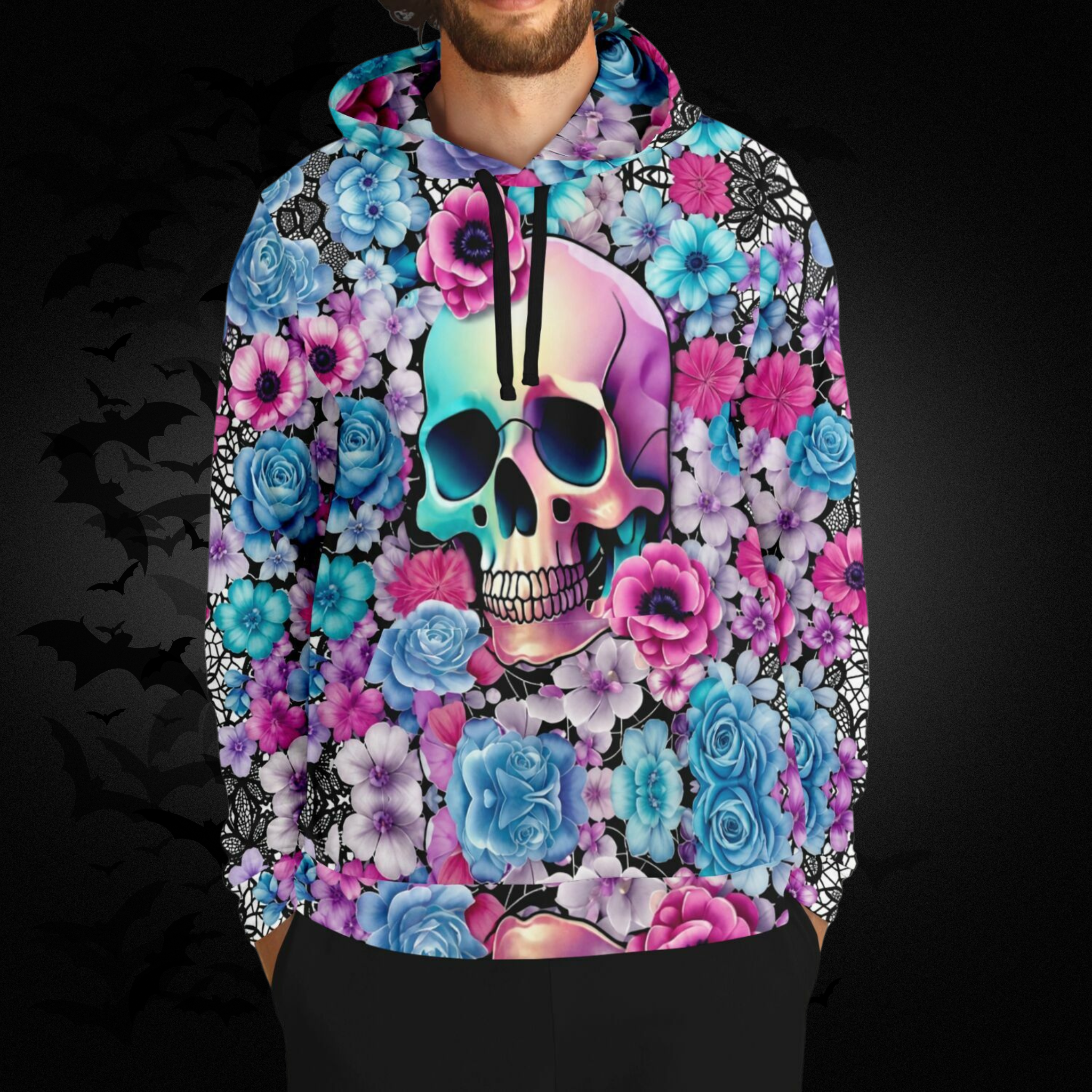 Black all over print pullover hoodie fully covered in blue, pink, and lavender florals with black lace pattern, front and back view showing color gradient skull centered on hood and upper back surrounded by roses and anemones
