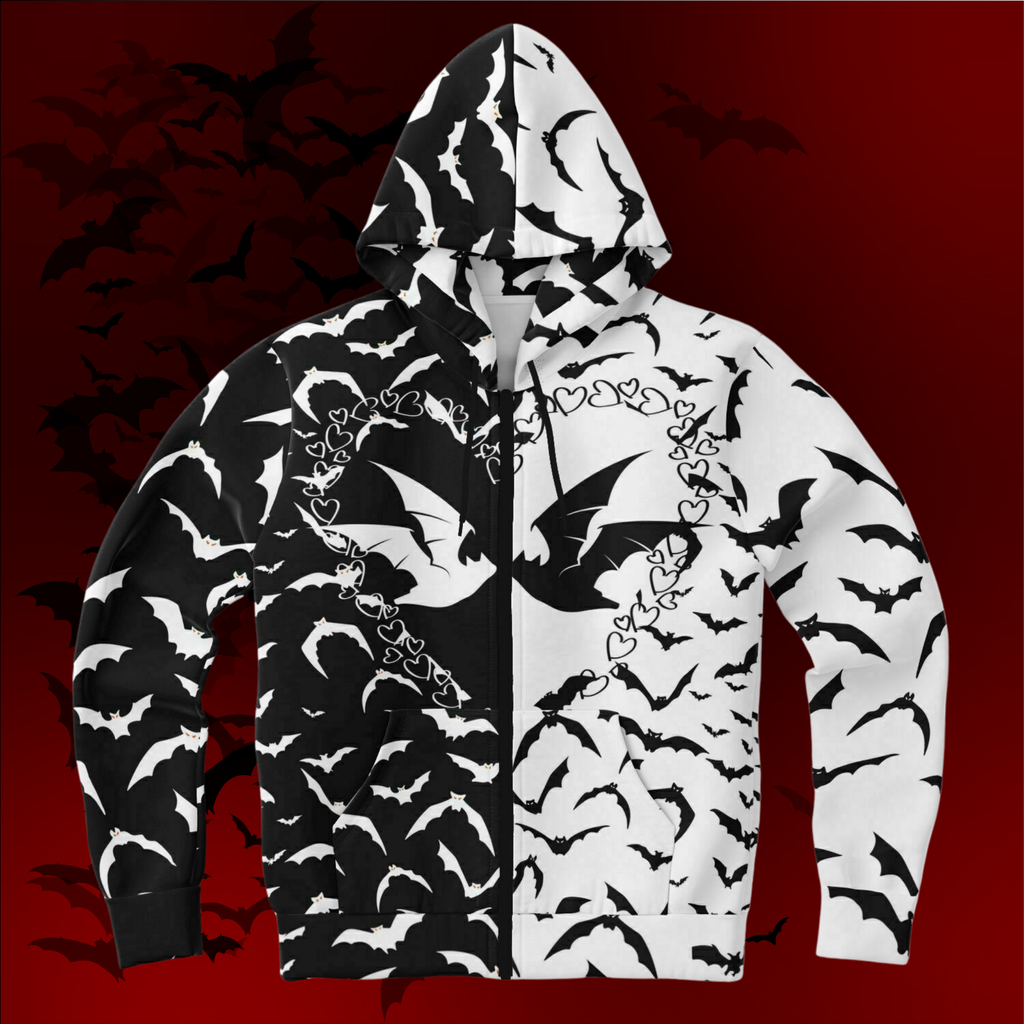 Black & White Bat All Over Print Zip Hoodie