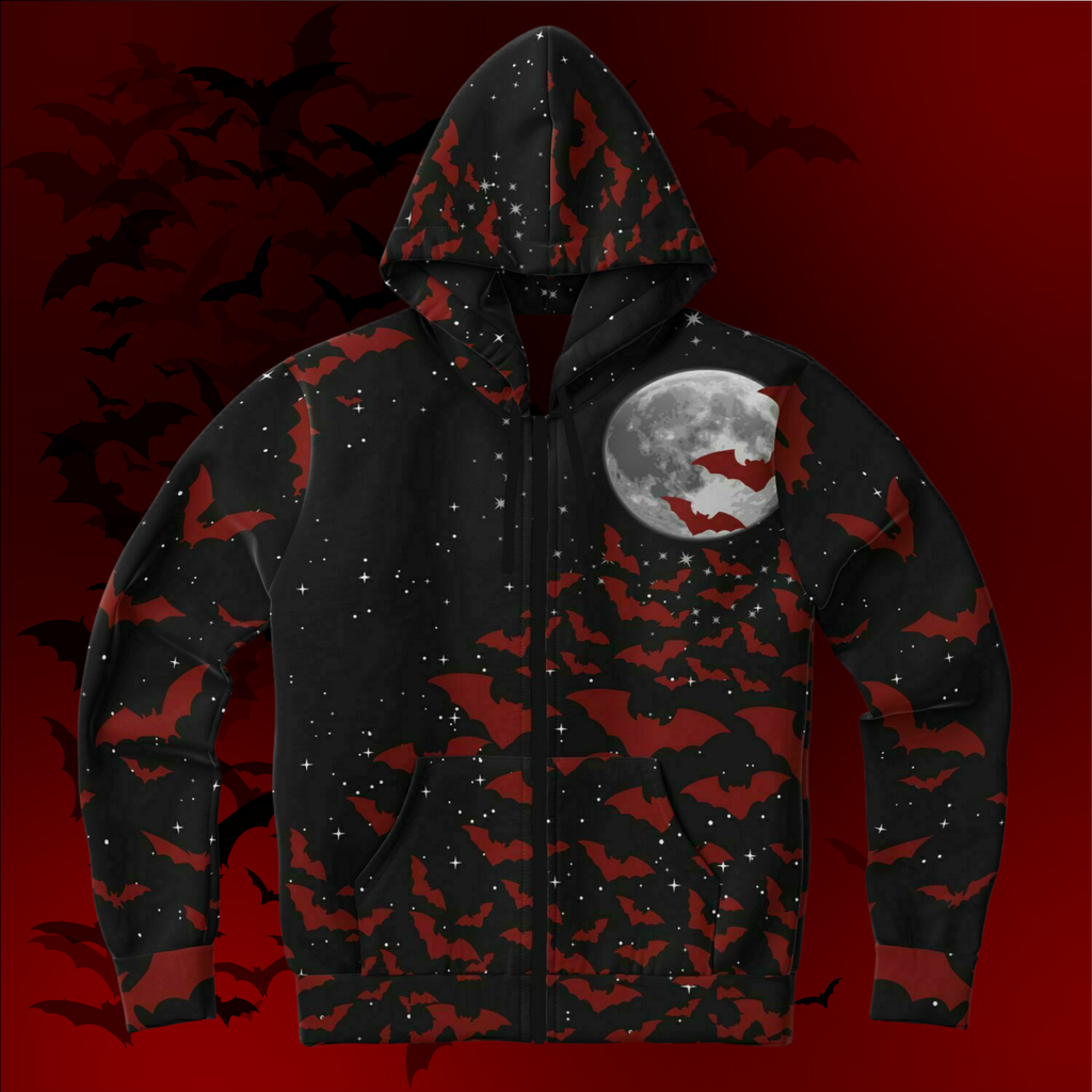 Crimson Bats & Full Moon All Over Print Zip Hoodie