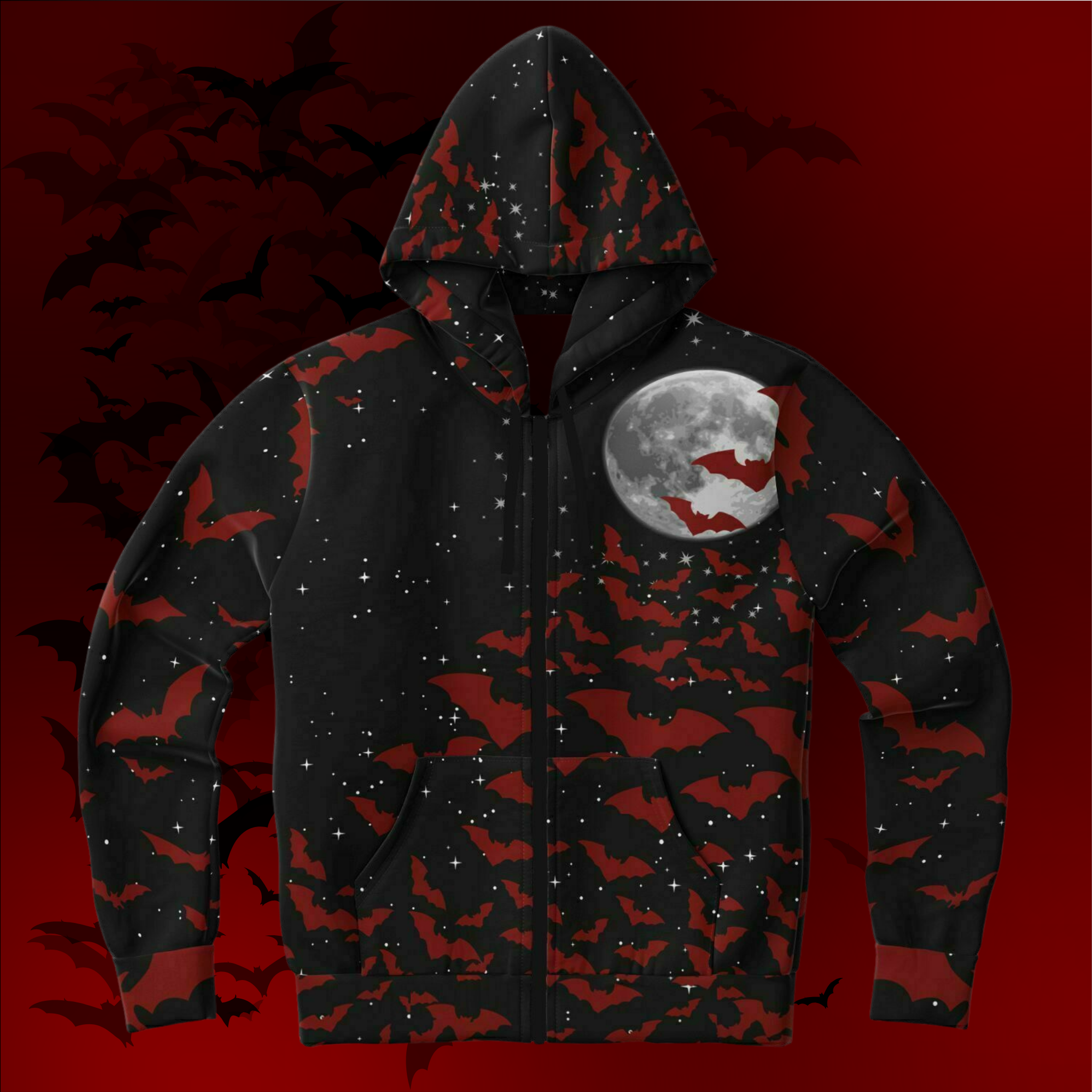 Crimson Bats & Full Moon All Over Print Zip Hoodie