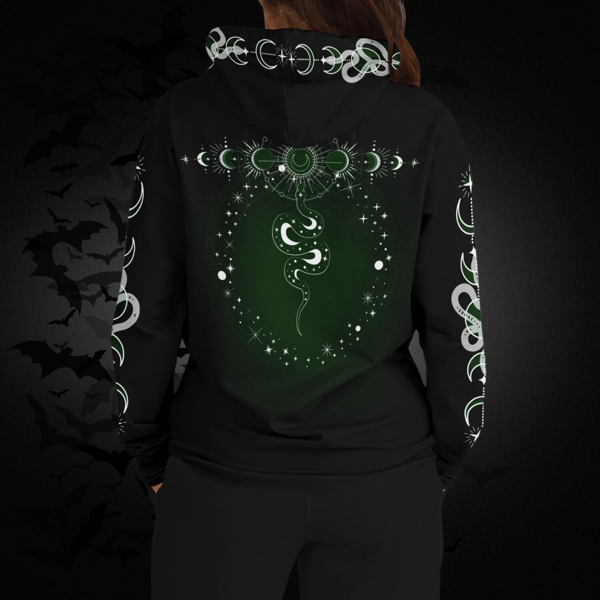 Celestial Serpent All Over Print Hoodie – Forest Green