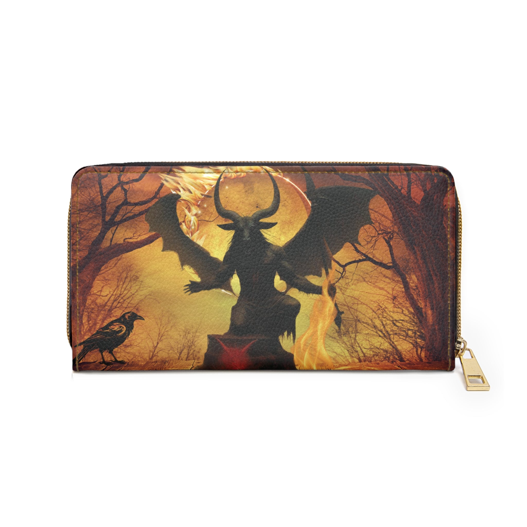 Gothic Baphomet Demon Wallet | Occult Firestorm Faux Leather Zipper Clutch