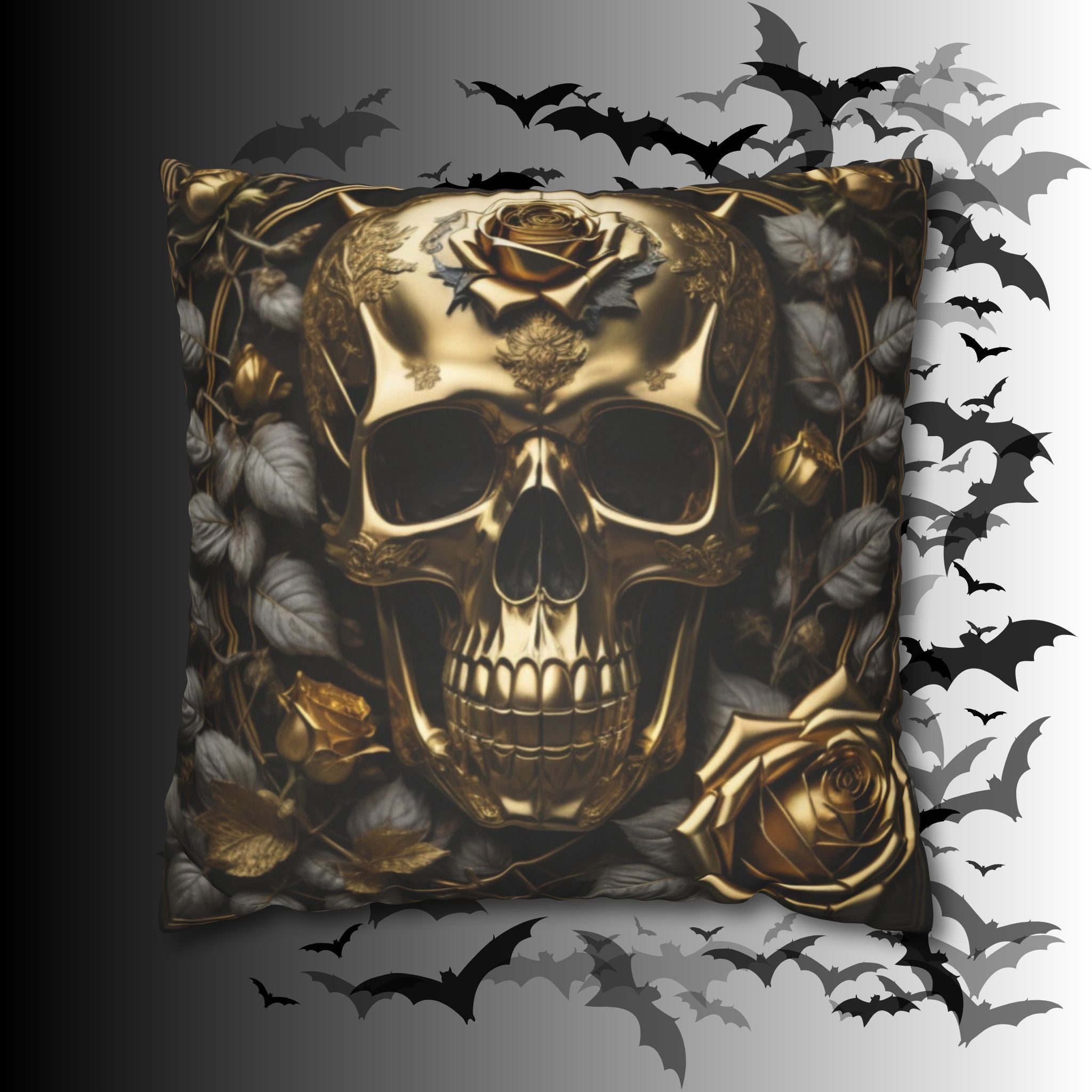 Gothic Gold Black Rose Skull Throw Pillow — Dark Floral Botanical Home Decor