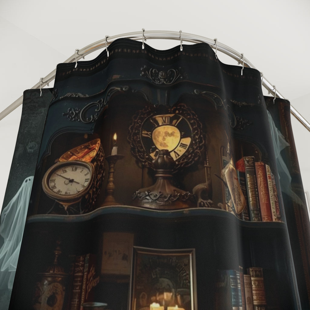 Whimsigoth Bookcase Ghost Shower Curtain — Dark Academia Ghost Library Decor