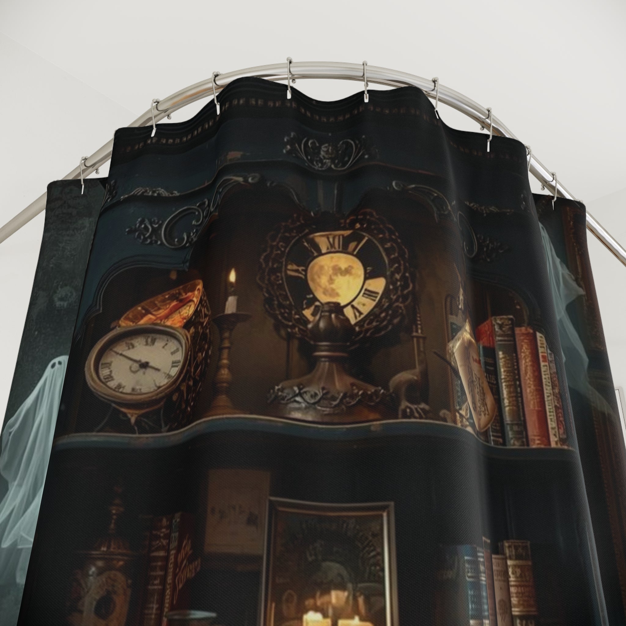 Whimsigoth Bookcase Ghost Shower Curtain — Dark Academia Ghost Library Decor