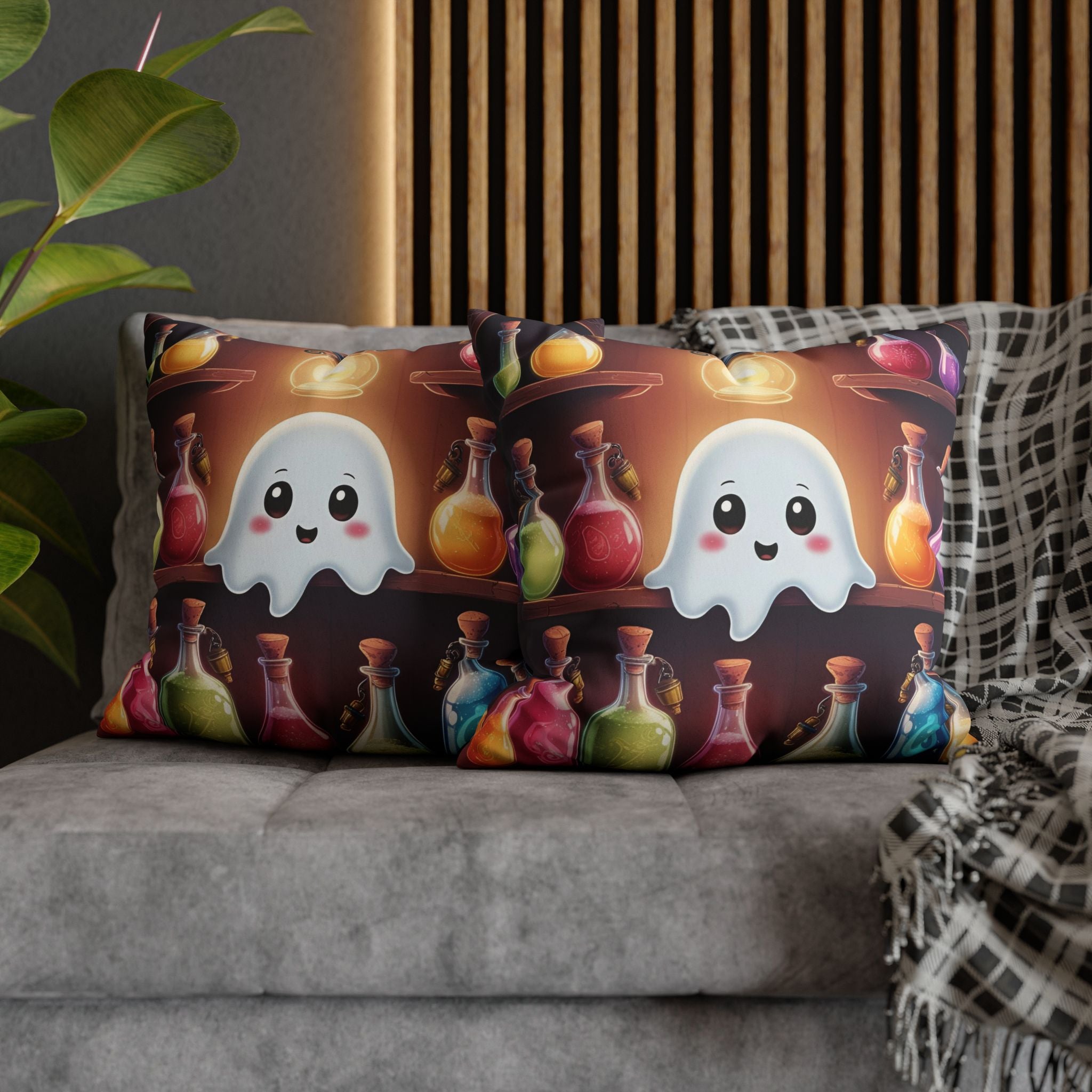 Two square throw pillows on a grey sofa featuring a round kawaii ghost with rosy cheeks and bright eyes floating before warmly lit wooden apothecary shelves packed with colorful corked potion bottles in amber, blue, green, red, and gold tones