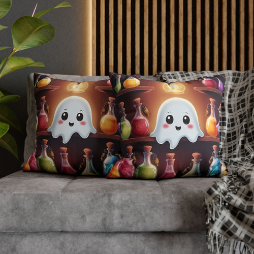 Two square throw pillows on a grey sofa featuring a round kawaii ghost with rosy cheeks and bright eyes floating before warmly lit wooden apothecary shelves packed with colorful corked potion bottles in amber, blue, green, red, and gold tones