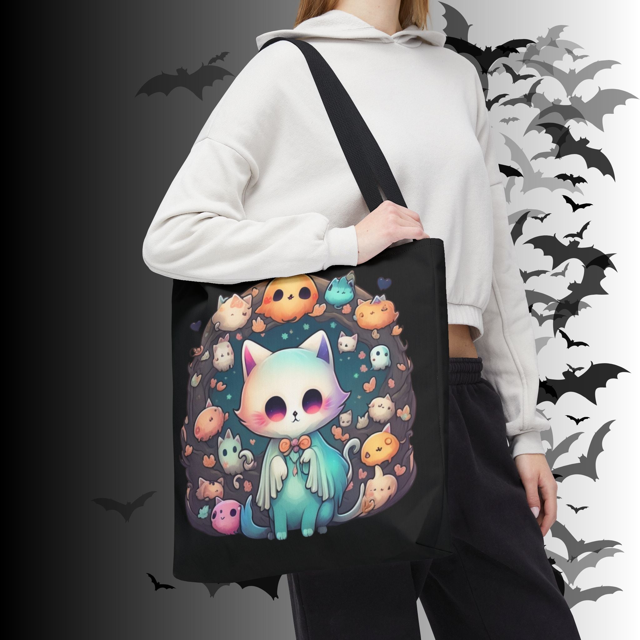 Pastel Goth Ghost Cat Tote Bag — Kawaii Spooky All-Over Print