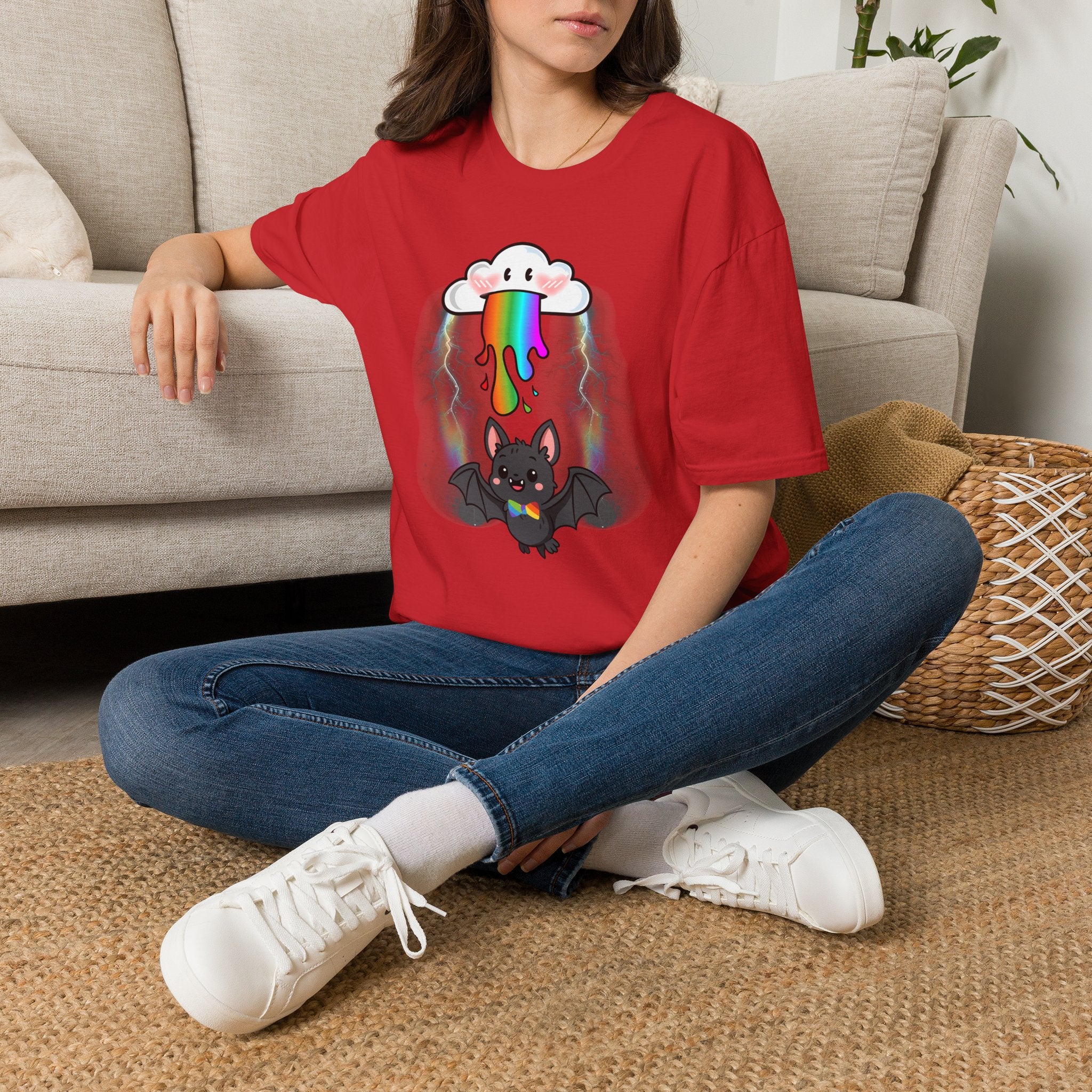 Rainbow Vomit Cloud Bat T-Shirt — Kawaii Goth Pride Unisex Tee