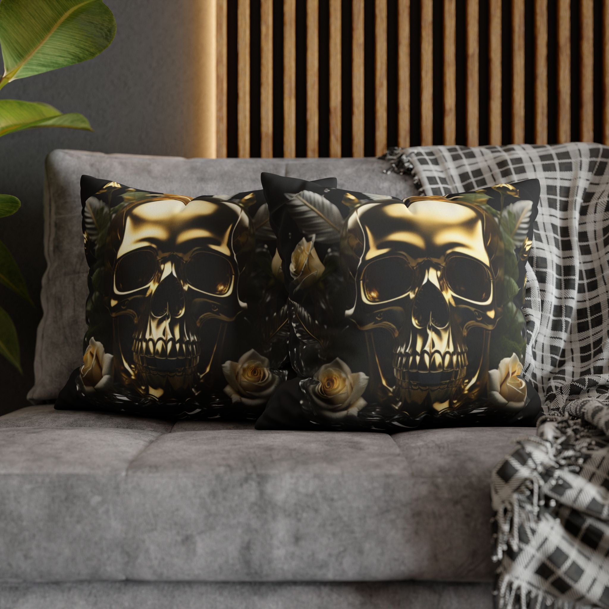 Gold Skull Botanical Throw Pillow — Dark Floral Gothic Home Decor