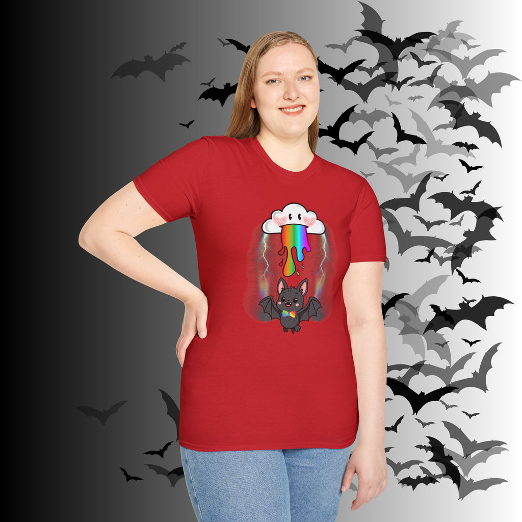 Rainbow Vomit Cloud Bat T-Shirt — Kawaii Goth Pride Unisex Tee