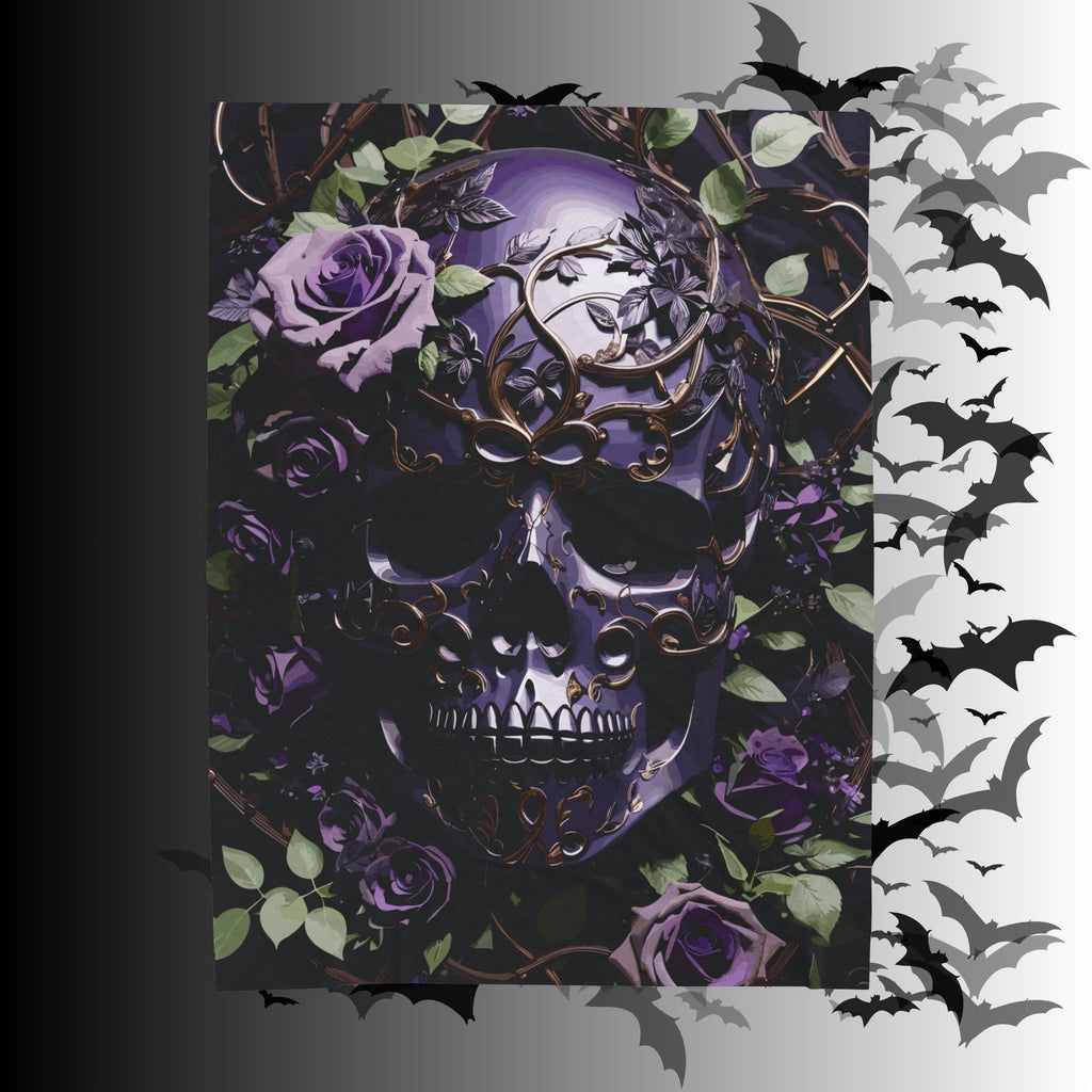 Gothic Black & Purple Botanical Skull Throw Blanket — Dark Floral Home Decor