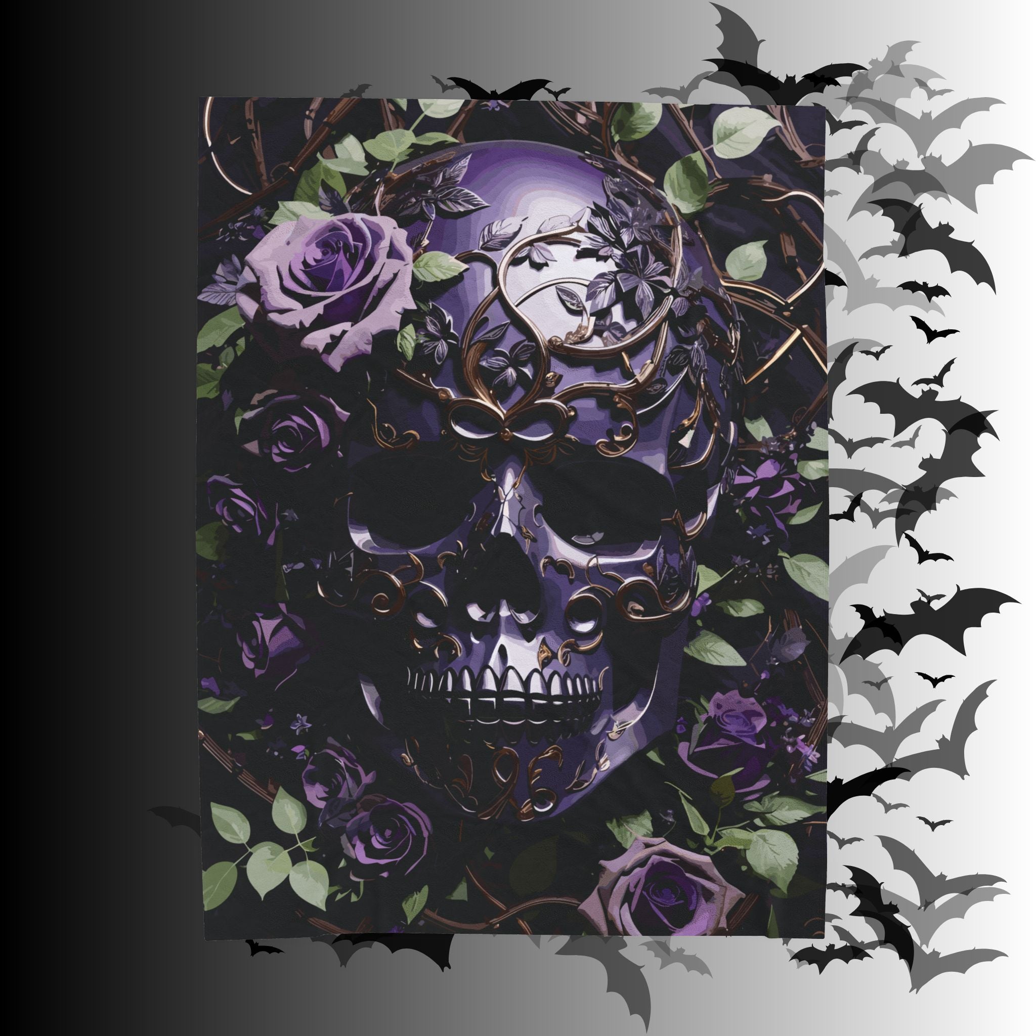 Gothic Black & Purple Botanical Skull Throw Blanket — Dark Floral Home Decor