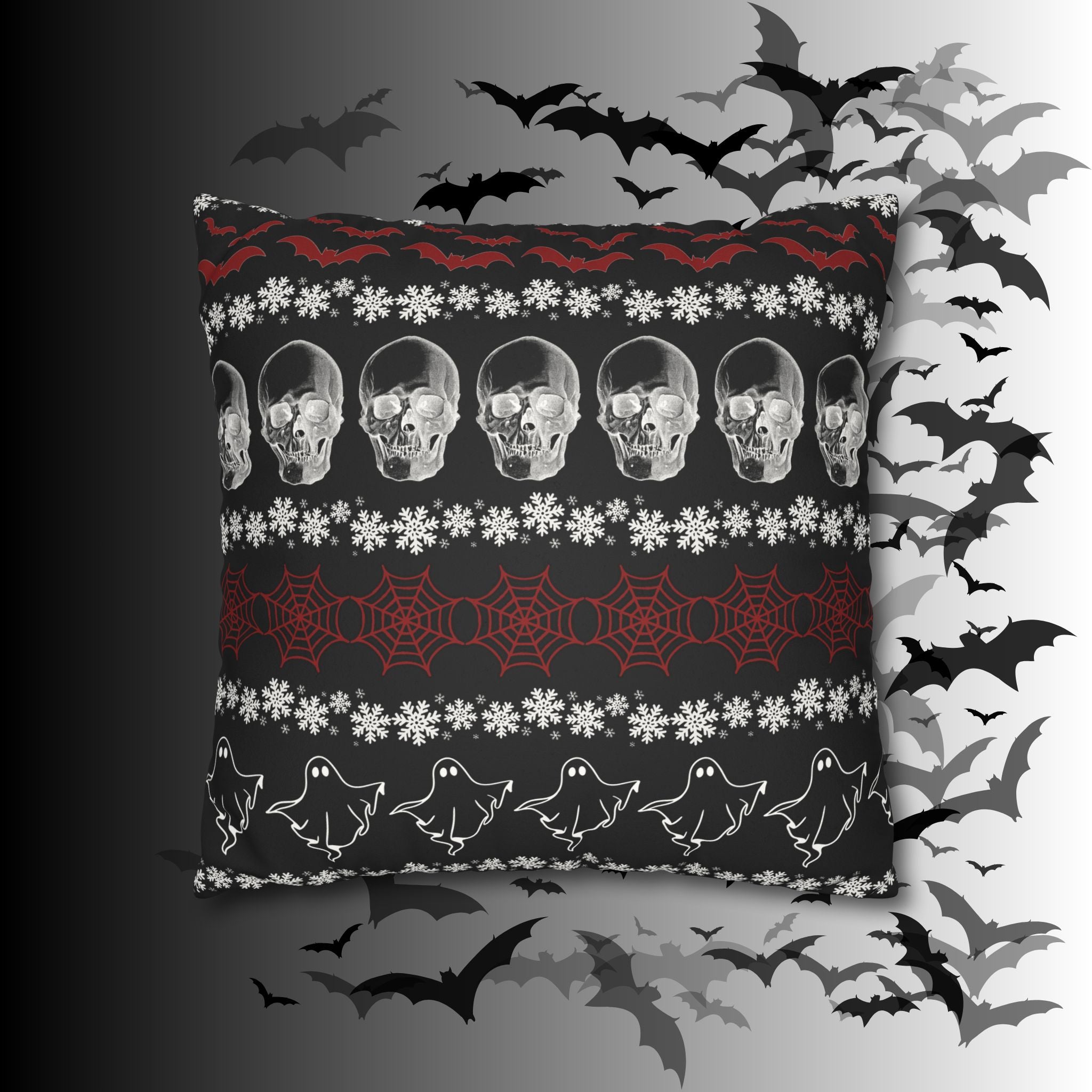 Merry Creepmas Gothic Ugly Sweater Throw Pillow — Goth Holiday Dark Home Decor