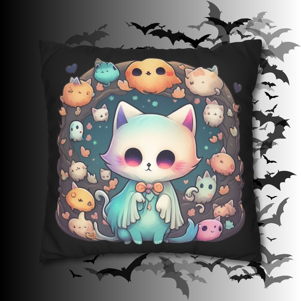 Creepy Cute Kawaii Ghost Cat Throw Pillow — Pastel Goth Dark Home Decor