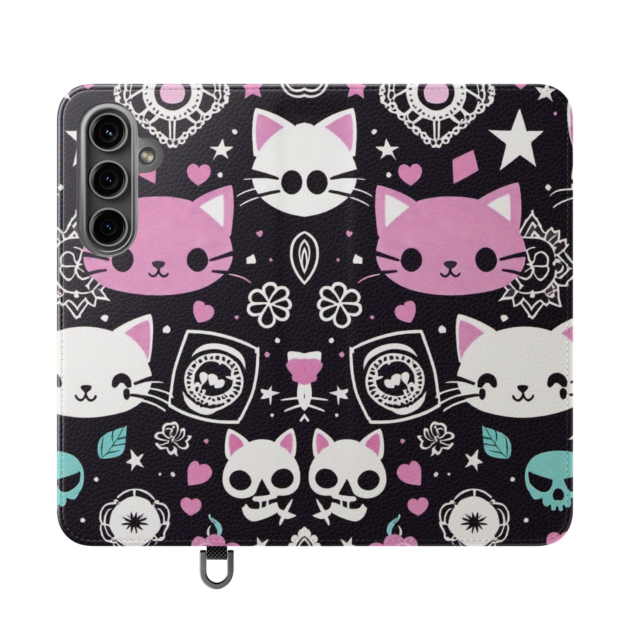 Pastel Goth Cat Flip Wallet Phone Case - Goth Cat Wallet Case for Samsung iPhone - Gothic Style Cats Wallet Phone Cases