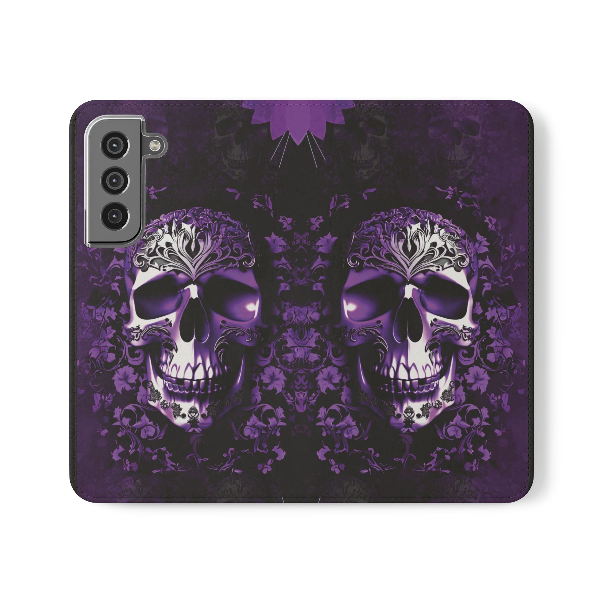 Purple Pastel Goth Skull Flip Wallet Phone Case - Skull Wallet Case for Samsung iPhone - Gothic Style Skull Wallet Phone Cases