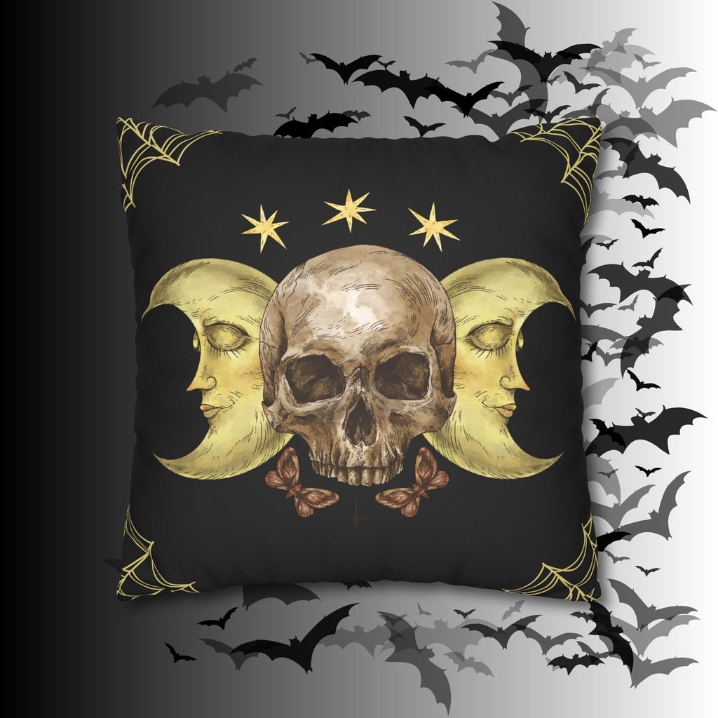 Gothic Moon Skull Throw Pillow — Celestial Dark Home Decor