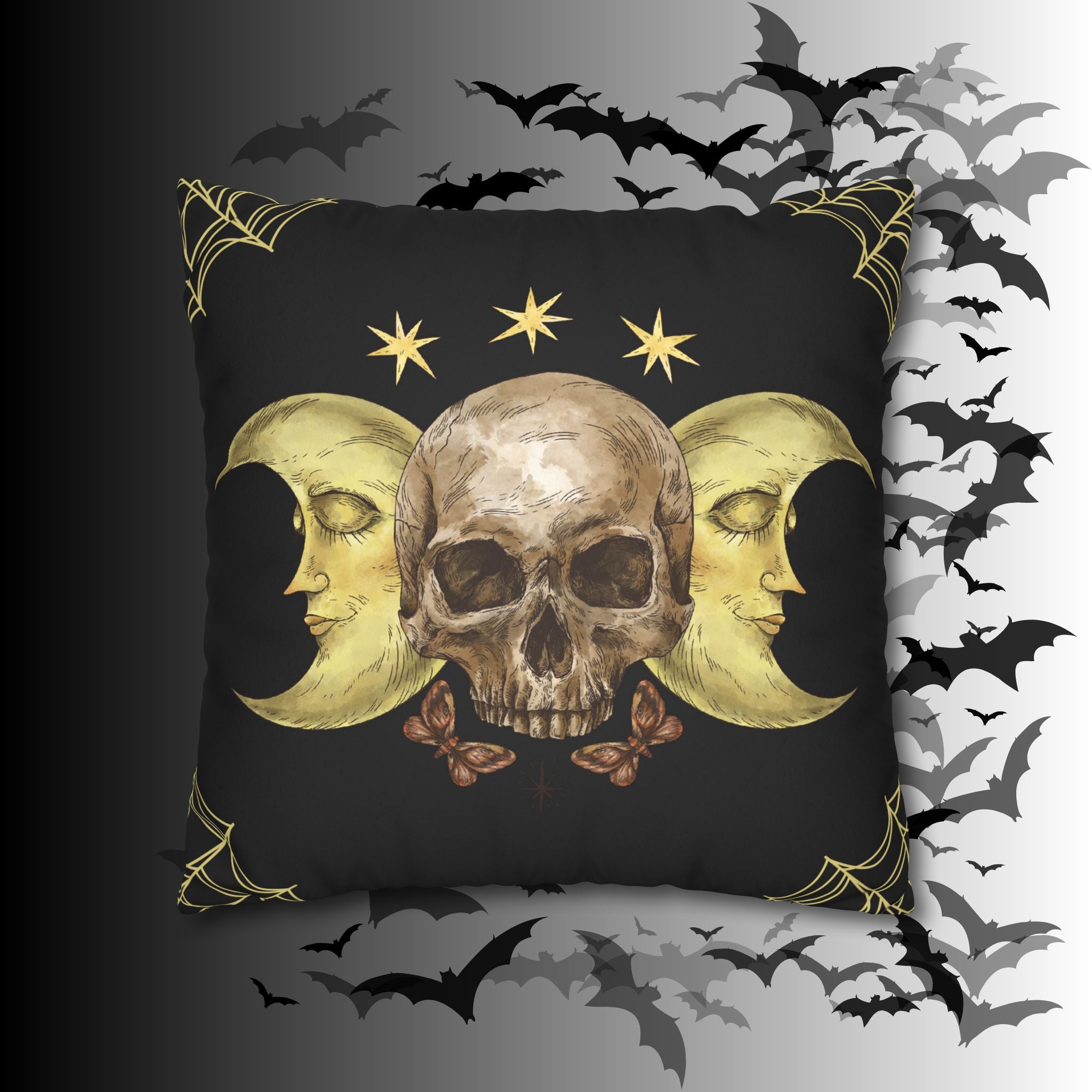 Gothic Moon Skull Throw Pillow — Celestial Dark Home Decor