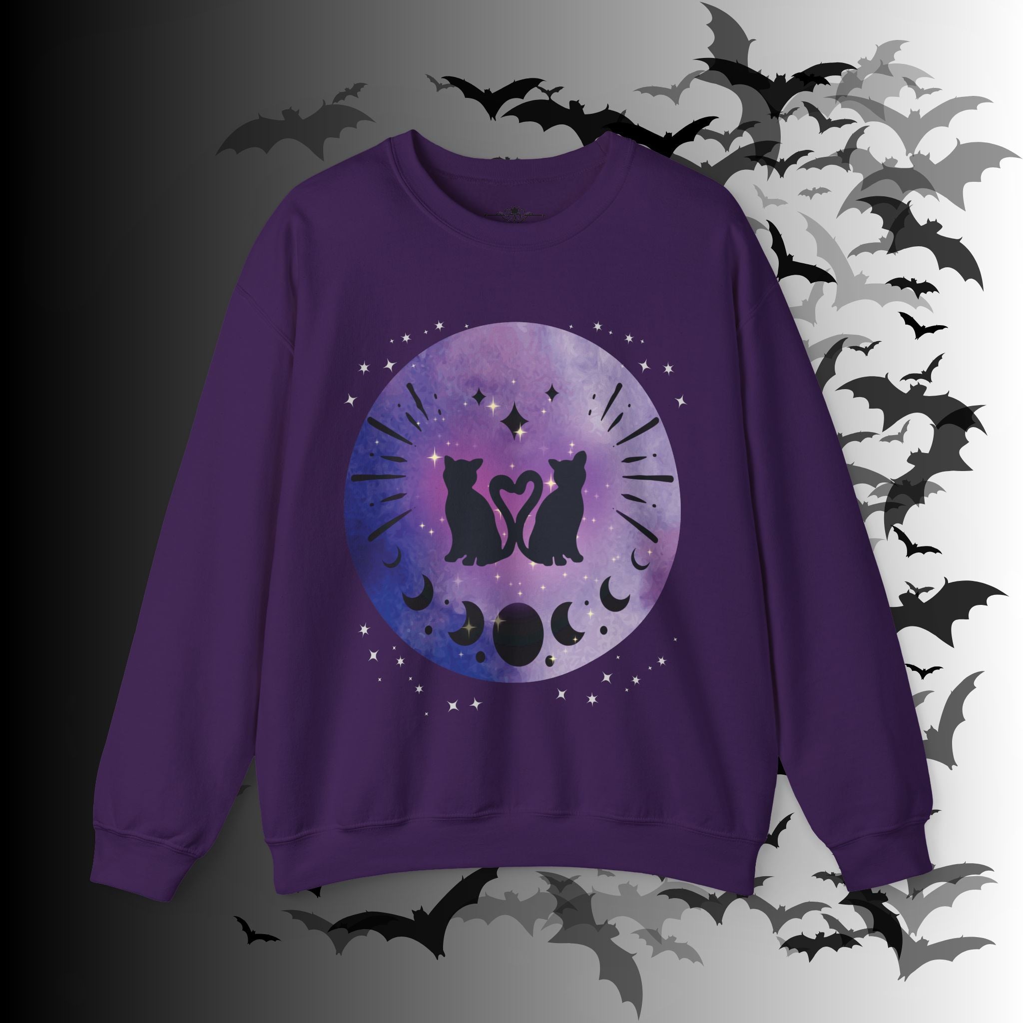 Celestial Twin Cats Heart Moon Crewneck Sweatshirt — Witchy Moon Phase