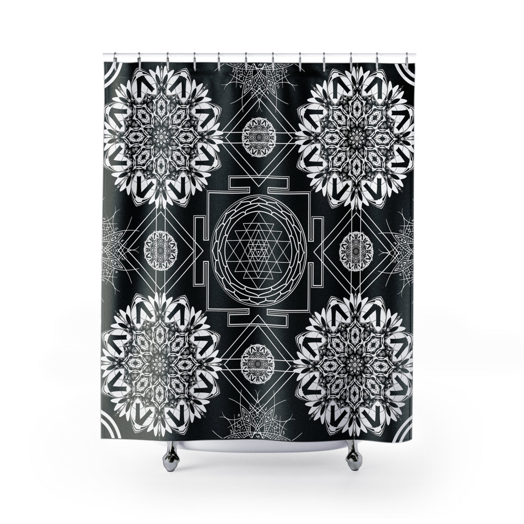 Sacred Geometry Shower Curtain — Mystical Black & White Mandala Bathroom Decor