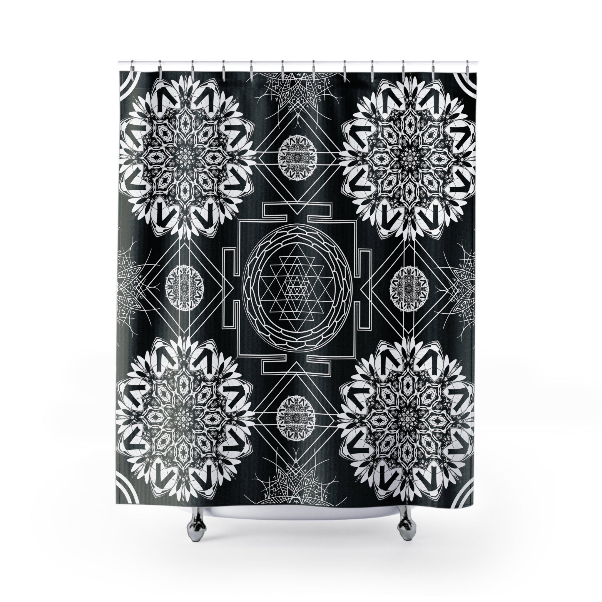 Sacred Geometry Shower Curtain — Mystical Black & White Mandala Bathroom Decor