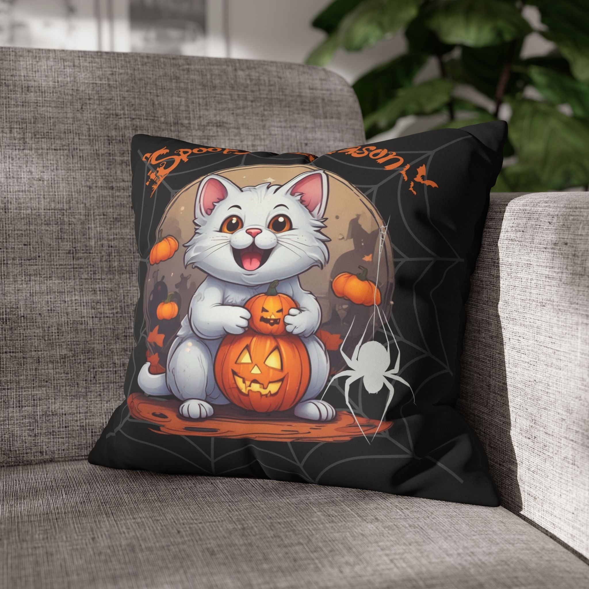 Spooky Season Cat Halloween Throw Pillow — Pumpkin Dark Home Decor