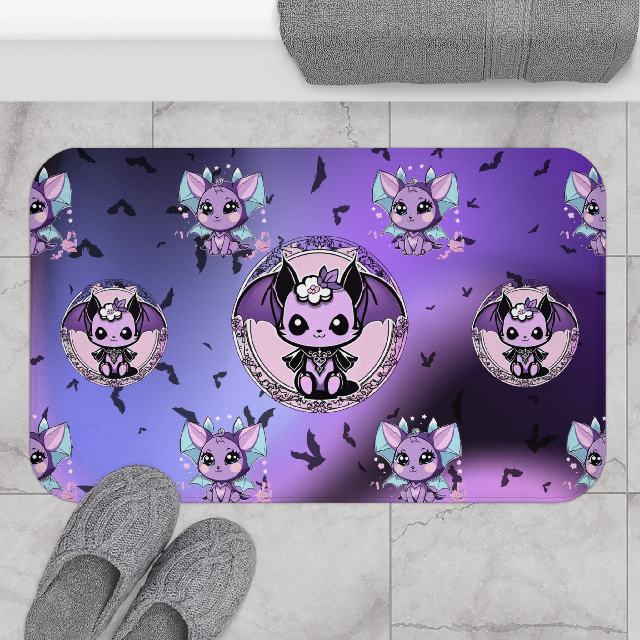 Pastel goth bath mat with kawaii lavender bat-fox and ornate cameo bat character on a purple gradient background with flying black bats