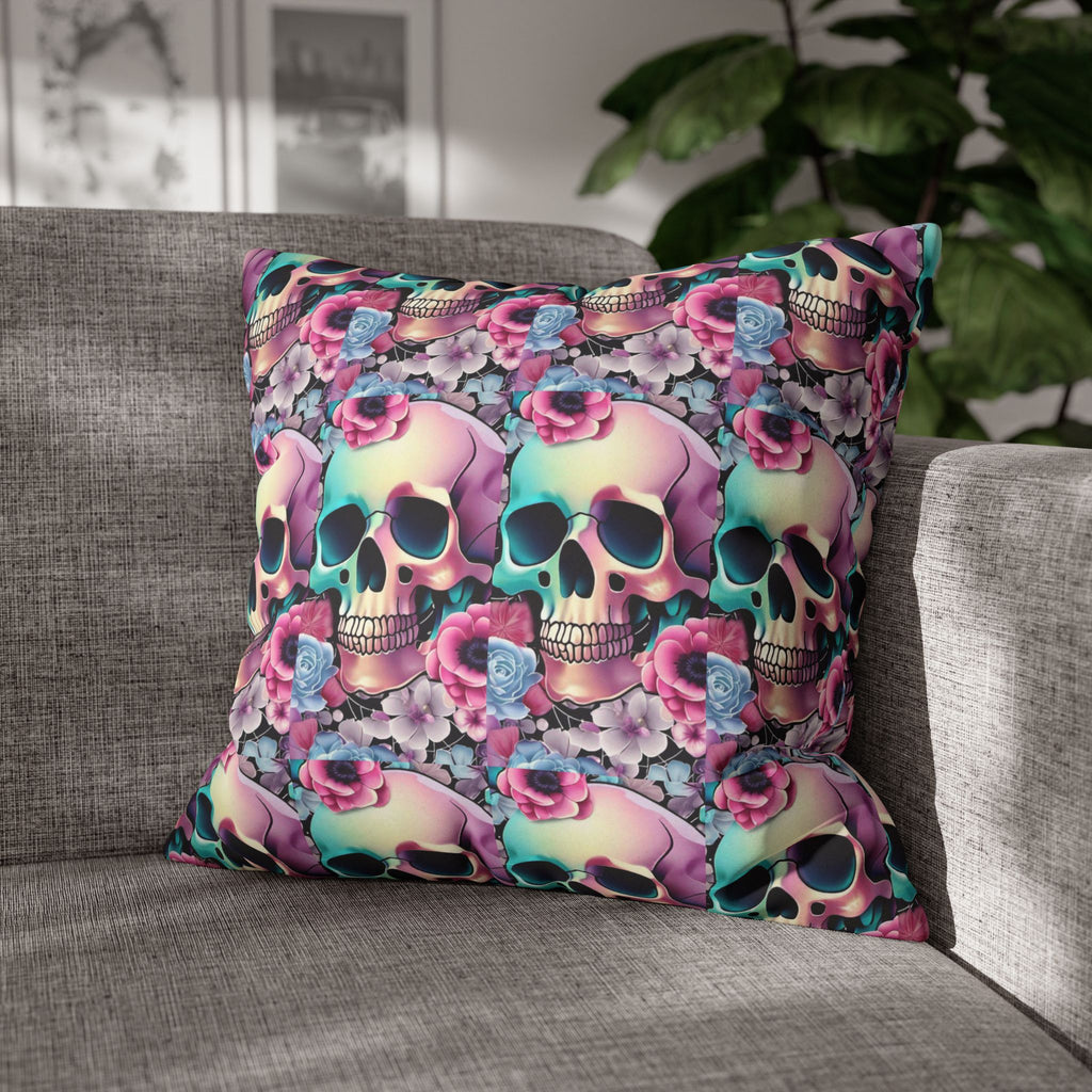 Pastel Goth Floral Skull Throw Pillow — Dark Floral Emo Home Decor