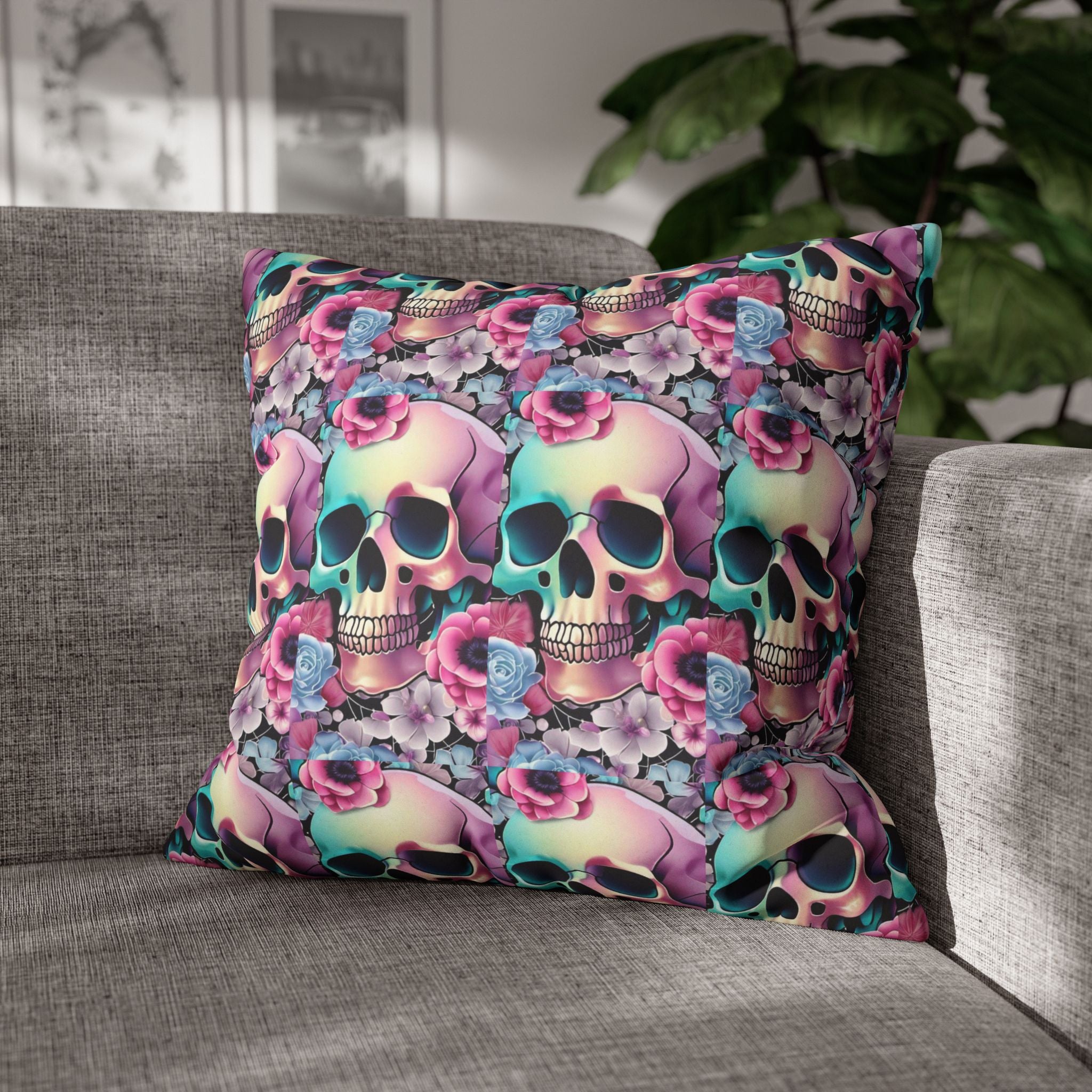 Pastel Goth Floral Skull Throw Pillow — Dark Floral Emo Home Decor