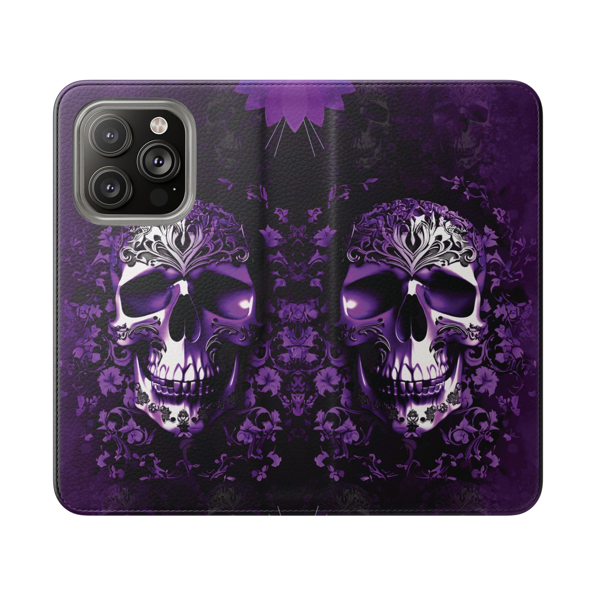 Purple Pastel Goth Skull Flip Wallet Phone Case - Skull Wallet Case for Samsung iPhone - Gothic Style Skull Wallet Phone Cases