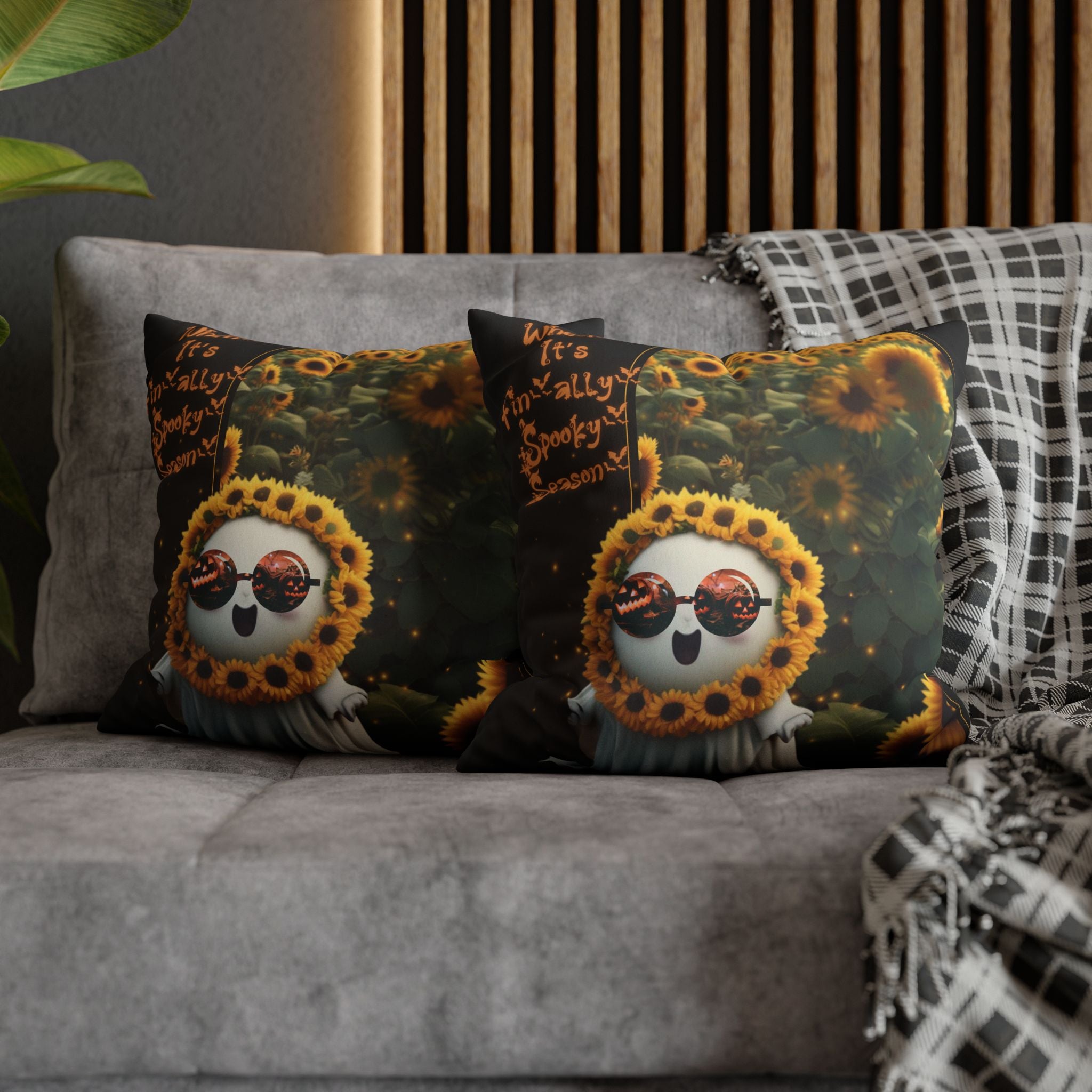 Spooky Season Ghost Sunflower Throw Pillow — Halloween Dark Home Decor