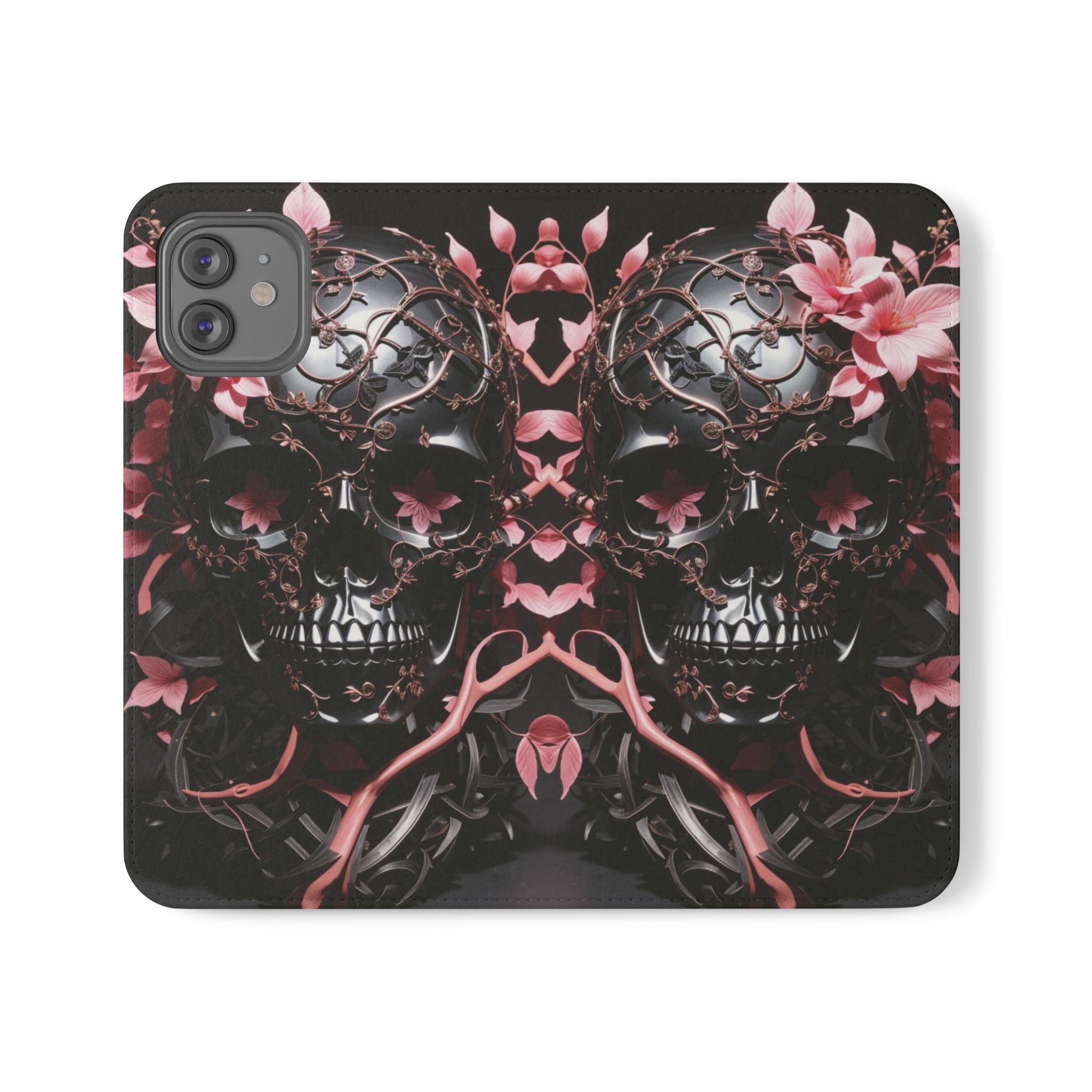 Pink Pastel Goth Skull Flip Wallet Phone Case - Skull Wallet Case for Samsung iPhone - Gothic Style Skull Wallet Phone Cases