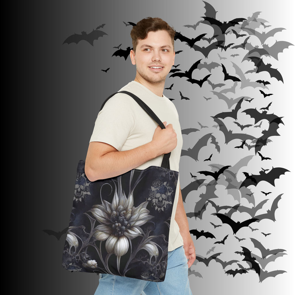 Gothic Botanical Skull Tote Bag — Dark Floral All-Over Print