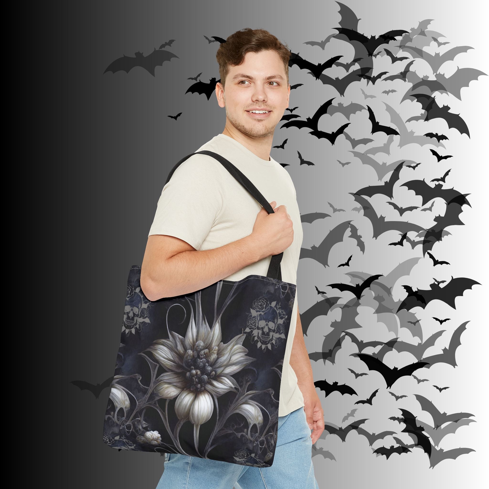 Gothic Botanical Skull Tote Bag — Dark Floral All-Over Print