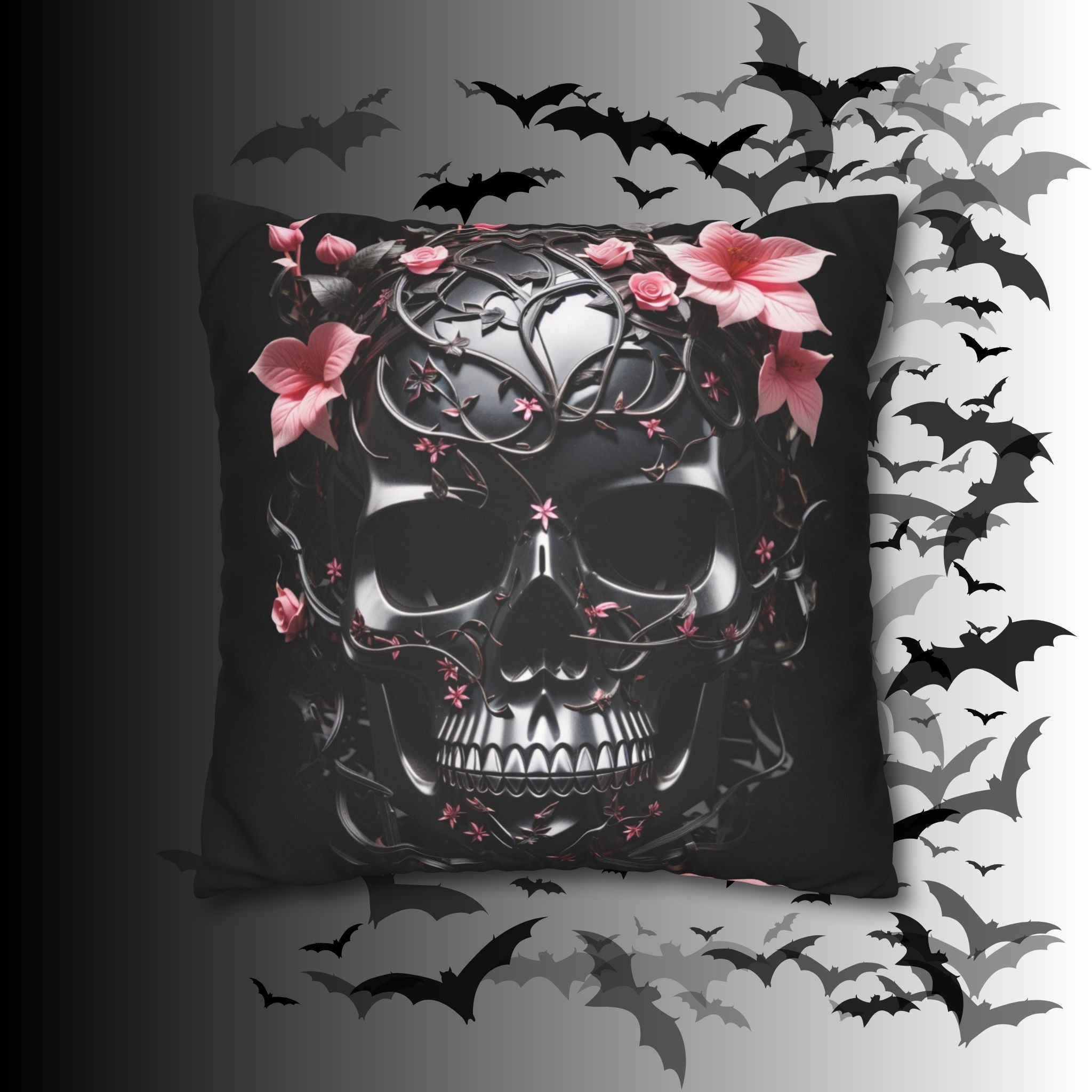Gothic Botanical Skull Throw Pillow — Dark Floral Pastel Goth Home Decor