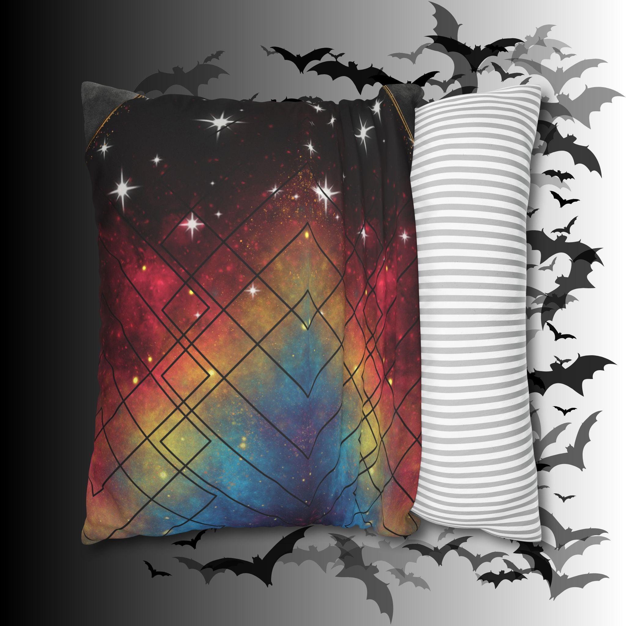 Rainbow Galaxy Geometric Throw Pillow — Celestial Cosmic Dark Home Decor