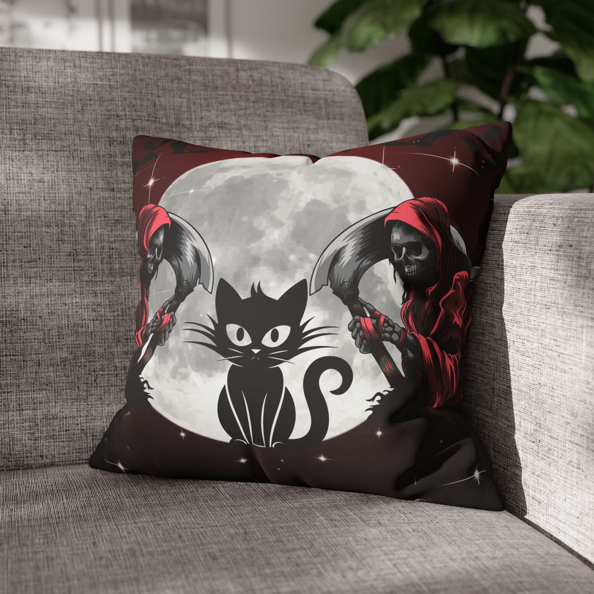 Gothic Black Cat Grim Reaper Throw Pillow — Moonlit Dark Home Decor